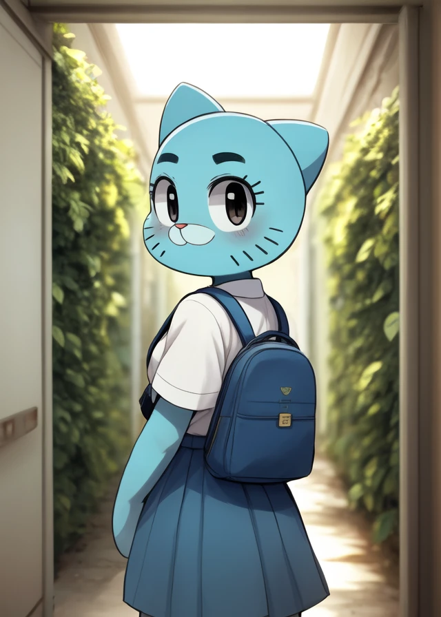 by Wadorigi, by Winte, the amazing world of gumball, (nicole watterson:1.25), toony, blue uniform, school bag, half-length portrait, looking at viewer, three-quarter view, BREAK, corridor, plant, asylum, sunlight, depth of field, blurred background, ivy \(plant\), masterpiece, best quality, ultra realistic, 4k, 2k, film photography, RAW photo, photorealistic, analog style, subsurface scattering, photorealism, absurd res