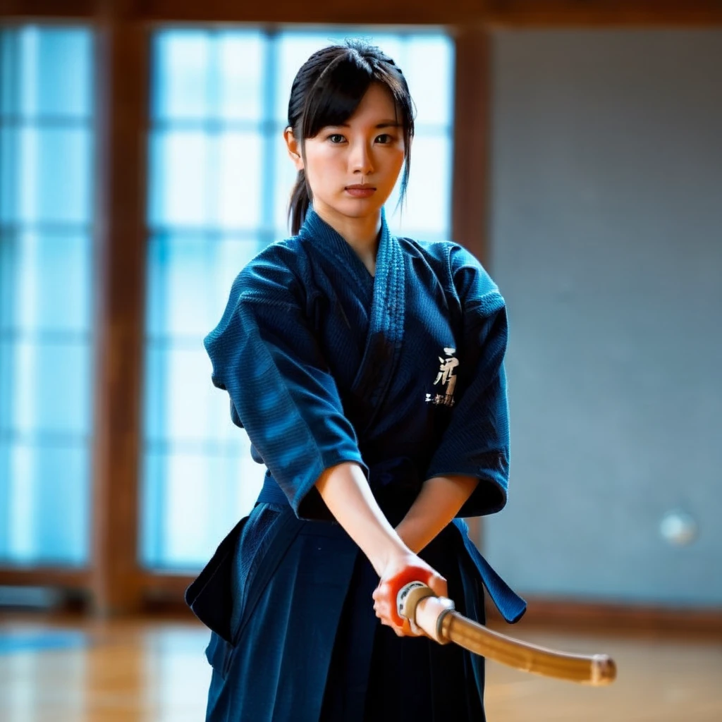 A woman with dark hair tied in a high ponytail is wearing a blue kimono-like uniform with a dark blue hakama and a blue cloth belt. She holds a bamboo sword, known as a shinai, with both hands in a ready position for martial arts practice. The handle of the shinai has a distinct red and white striped pattern. She stands in a well-lit hall with white curtains on the windows and a grey floor, suggesting a serene and focused atmosphere suitable for training. <lora:Ichimonji:1>