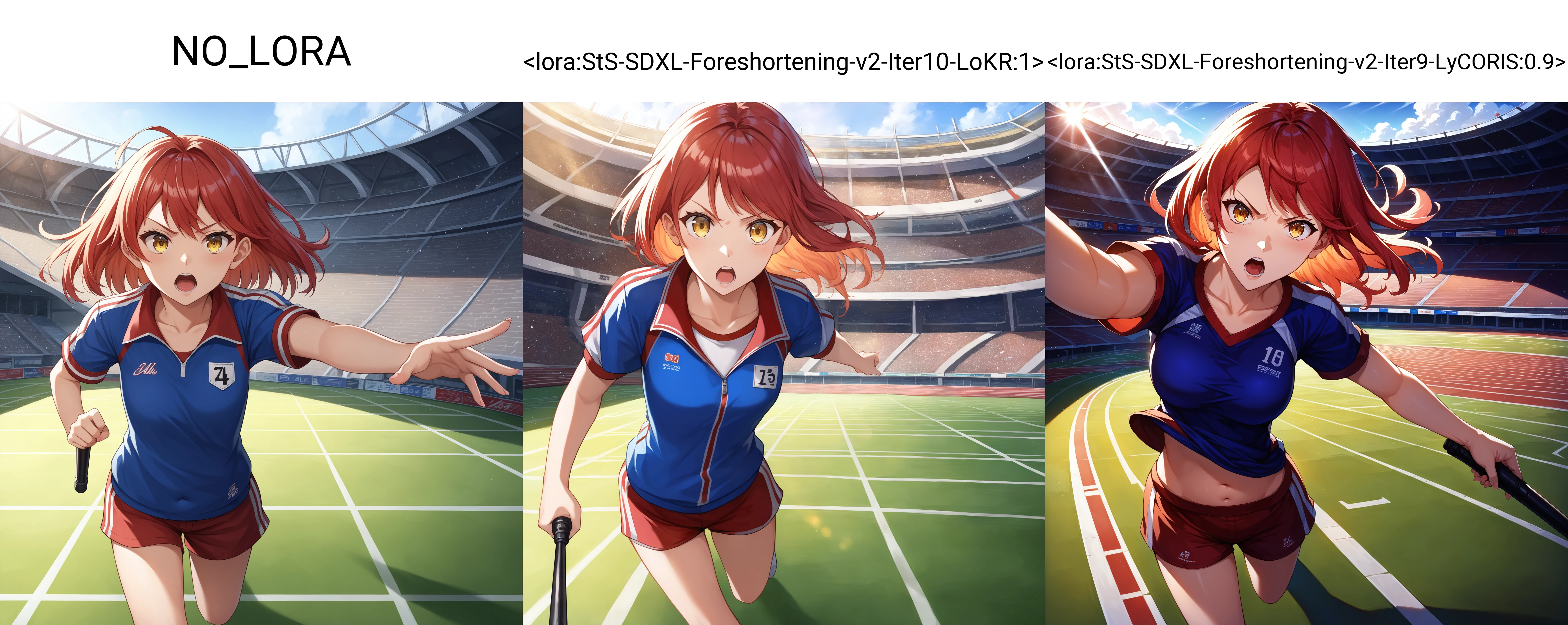 score_9, score_8_up, score_7_up, source_anime, sts-foreshortening-v2, (foreshortening, perspective fisheye lens), (relay race), [from above], (1girl, cowboy shot, track uniform, (holding relay baton, outstretched arm, (foreshortening)) navel, collarbone, (running), sprinting), [open mouth], determined, red hair, yellow eyes, stadium, highres, absurdres, masterpiece, best quality, ultra-detailed, illustration,colorful, masterpiece, best quality, ray tracing, 8k, (extremely detailed), soft lighting, tracing, soft shadows, detailed face, textured skin, backlighting, [lens flare], NO_LORA, <lora:StS_detail_slider_v1:2>