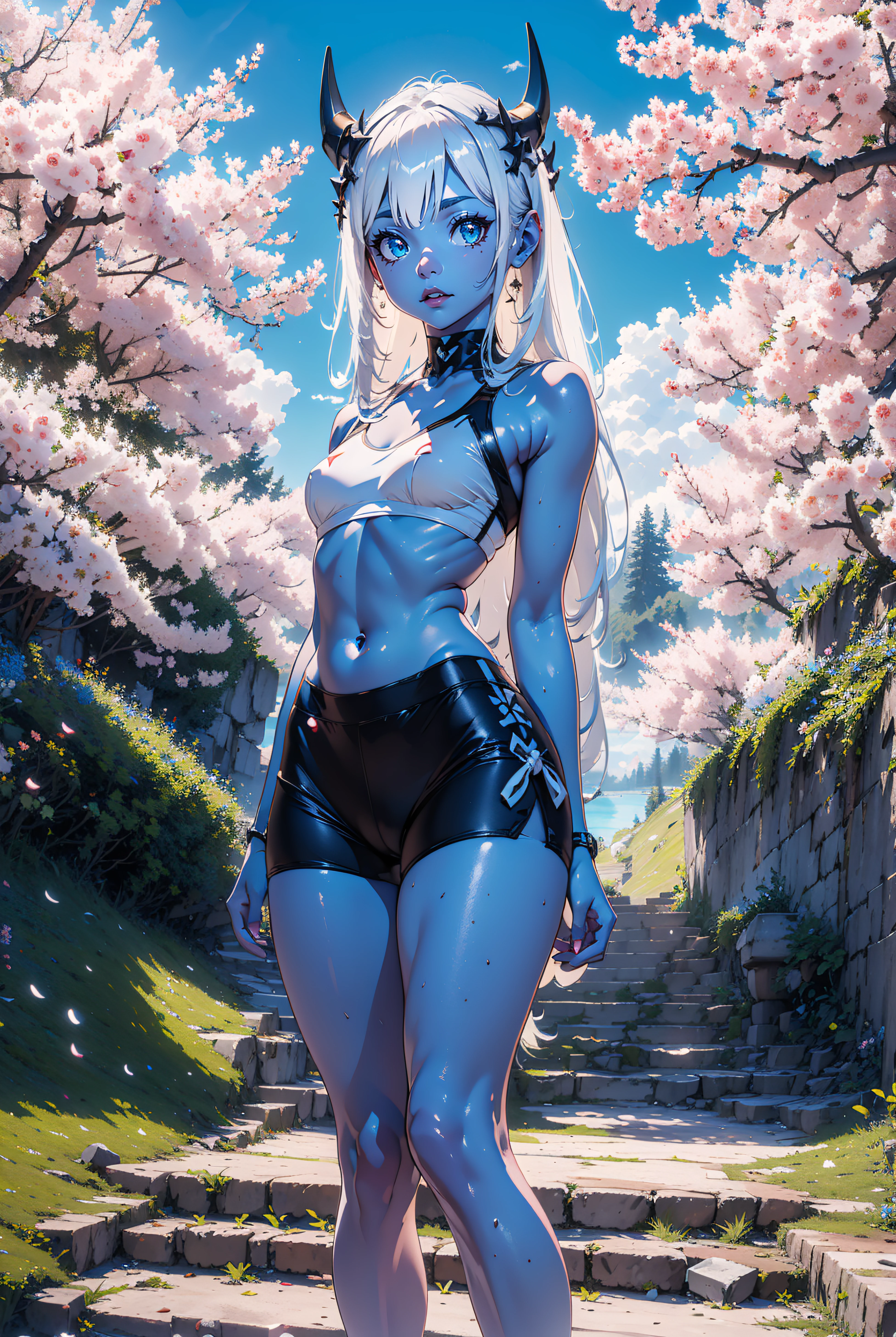 ((masterpiece)),(highres:1.1),4k , 8k,HD,(ultra detailed),vivid colors,lights, sharp focus,ray tracing, HDR, ,perfect lighting,best quality,   depth of field,looking at viewer,


princess001def,flat chest, blue horns, ( blue skin),long hair, single horn,
outside, stairs,  cherry blossoms, park, grass, flowers, lake, night, nebula, stars, (buruma), (japanese tigh sport shorts), (white sport bra), white stockings,