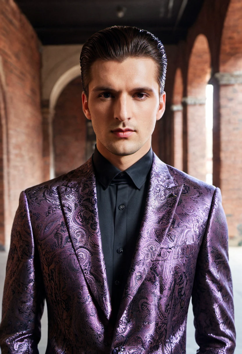 cinematic film still of extremely handsome man, Symmetrical Composition, slicked-back hair, attractive, Paisley clothes, Loft, Urban photography, model face, 22 years old,