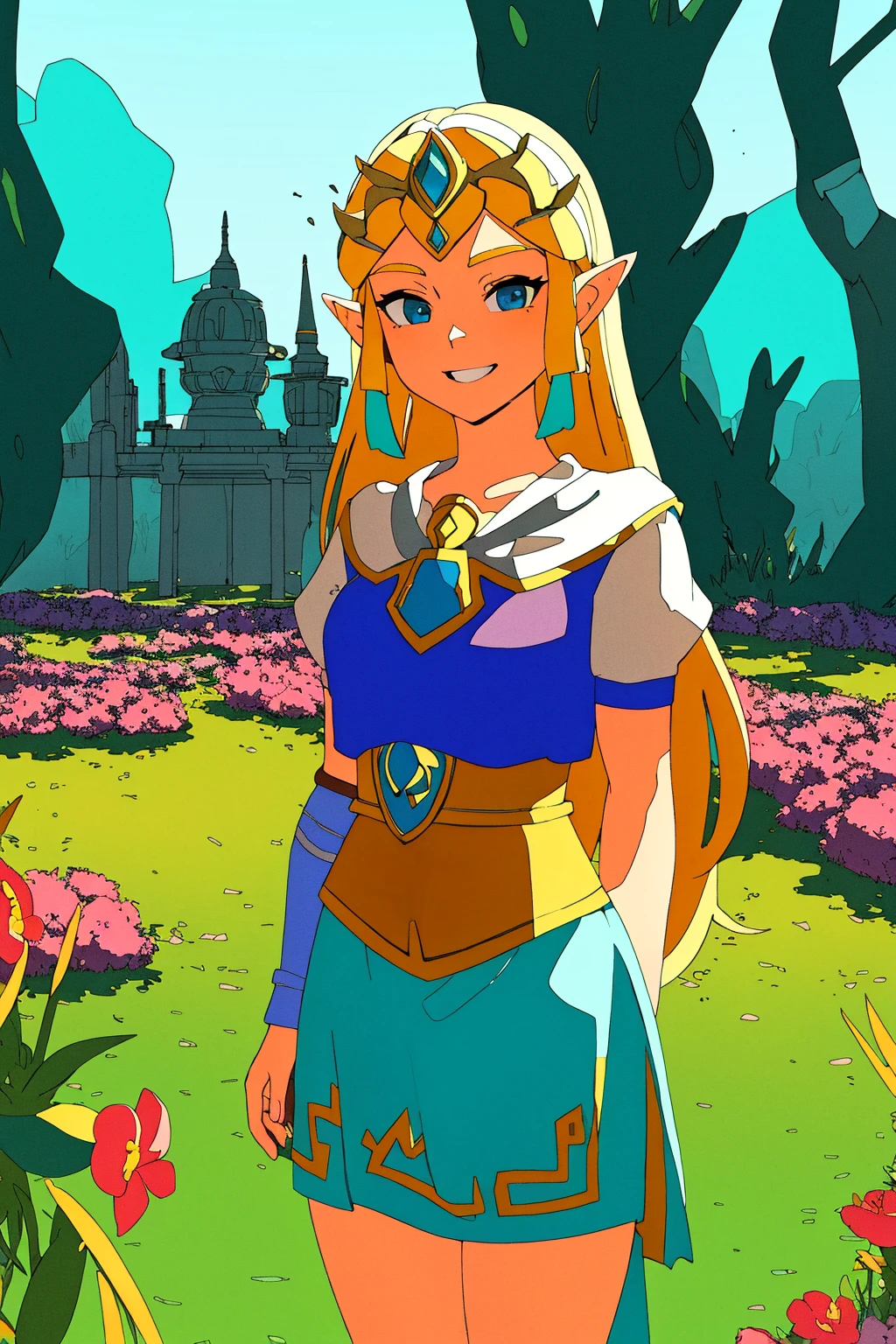 masterpiece, ultra-detailed, best quality, illustration, 8k cg wallpaper, an extremely delicate and beautiful, 1girl, Princess Zelda /(The Legend of Zelda/), solo, perfect anatomy, smiling, blushing, perfect arms, perfect legs, cute, pretty, beautiful, sexy, perfect body, (background: flowery field, grass, trees, flowers, ruins, intricately detailed items in background), <lora:Sable:1>