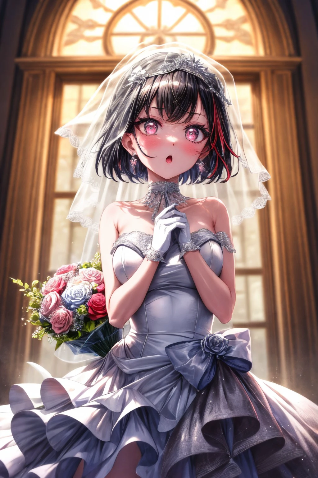 (masterpiece), best quality, expressive eyes, perfect face,rmtk, looking at viewer, blush,  hair ornament, gloves, dress, bow, holding, jewelry, collarbone, flower, cowboy shot, earrings, frills, choker, white gloves, hair flower, white dress, :o, v-shaped eyebrows, strapless, rose, bob cut, frilled dress, white flower, hand on own chest,  veil, strapless dress, pink flower, bouquet, wedding dress, bridal veil, pink rose, holding bouquet, <lora:more_details:0.7>, <lora:GoodHands-beta2:0.7>, <lora:b36e2ff6-3516-48c0-a9b9-db57e54fb3b1:0.7>