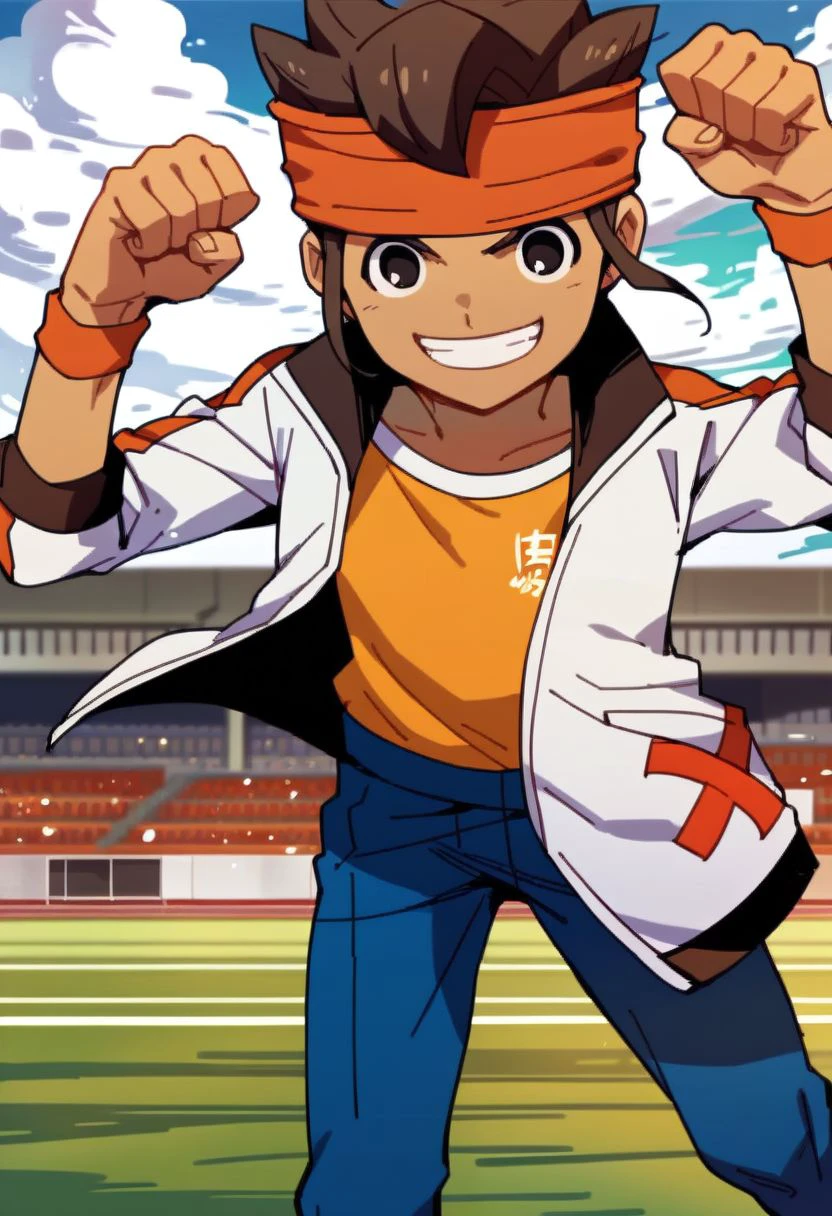 score_9, score_8_up, score_7_up, mark evans, 1boy, solo, brown hair, brown eyes, orange headband, white jacket, orange shirt, blue pants, smile, victory pose, looking at viewer, soccer field