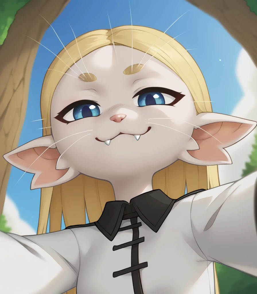 (ariral:1.1), female, white body,blonde hair, blue eyes, cute fangs, smug \:\3,whiskers, white shirt with black trim, low angle view
 <lora:ariral xl 1024 v1.1 rank128 pony:1>