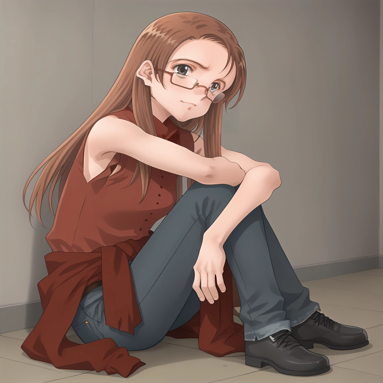 <lora:KyoukoAsahinaXLpony001>,
solo,
KyoukoAsahina,1girl,brown hair,long hair,black eyes,eyewear,
red shirt,sleeveless,
clothes around waist,
jeans,
full body,sitting,