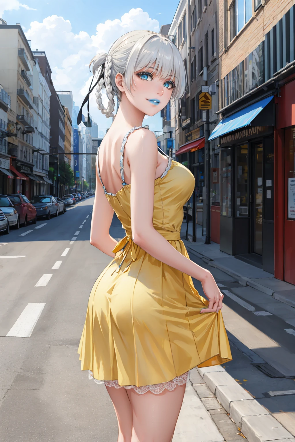 masterpiece, best quality, 1girl,  <lora:kirari-nvwls-v1-000010:0.9> momobami kirari, white hair, braid, hair rings, hair ribbon, blue lipstick, yellow sundress, yellow dress, from behind, grey sky, city, looking at you, smirk, skirt hold, blue nails