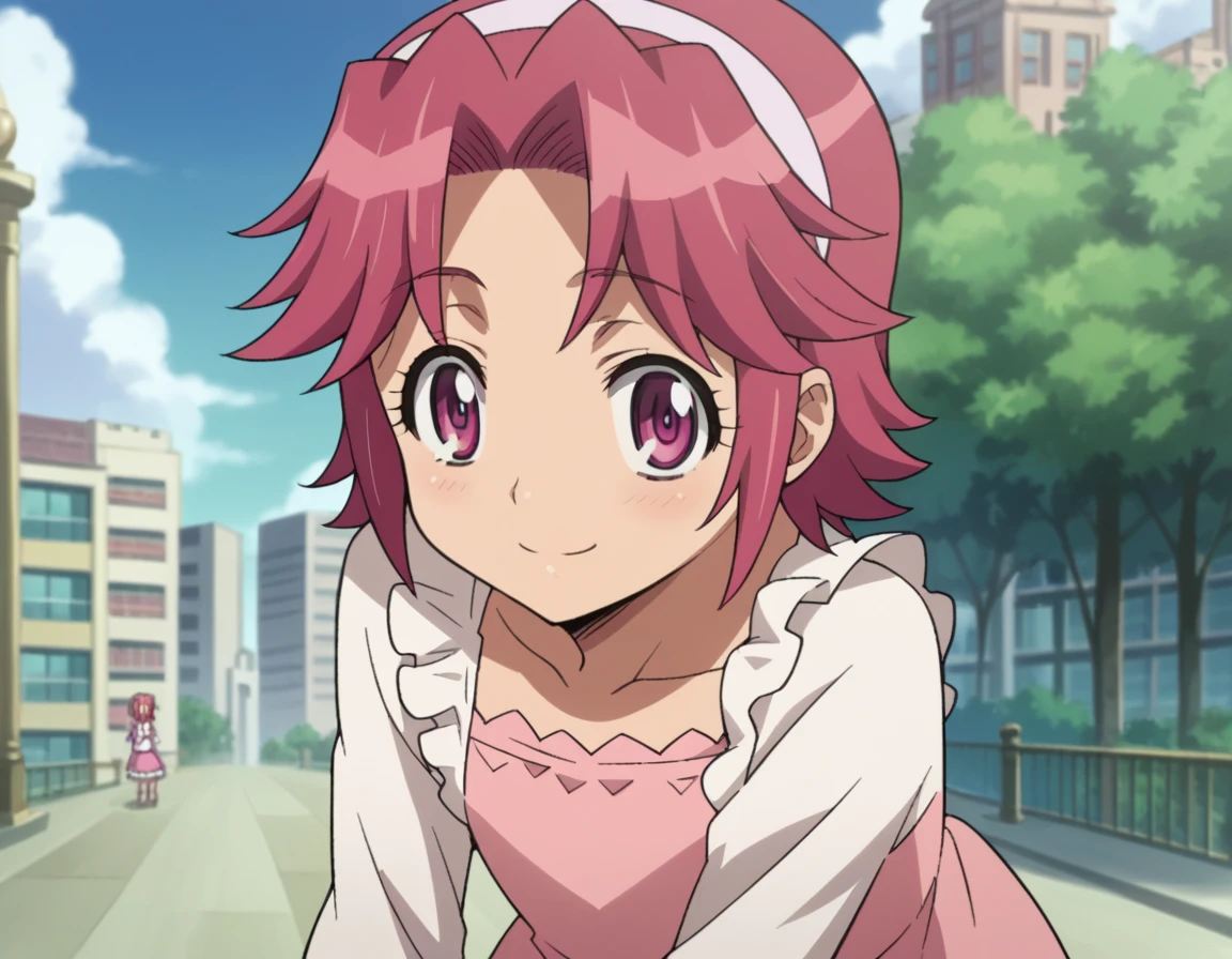 score_9, score_8_up, score_7_up, source_anime,
alicemaresato, <lora:alice-maresato-s1-ponyxl-lora-nochekaiser:1>,
alice maresato, short hair, pink hair, red hair, hairband, pink eyes, parted bangs, solo,
dress, frills, long sleeves, pink dress,
outdoors, cityscape, smile, bent over,
looking at viewer, dutch angle, cowboy shot,