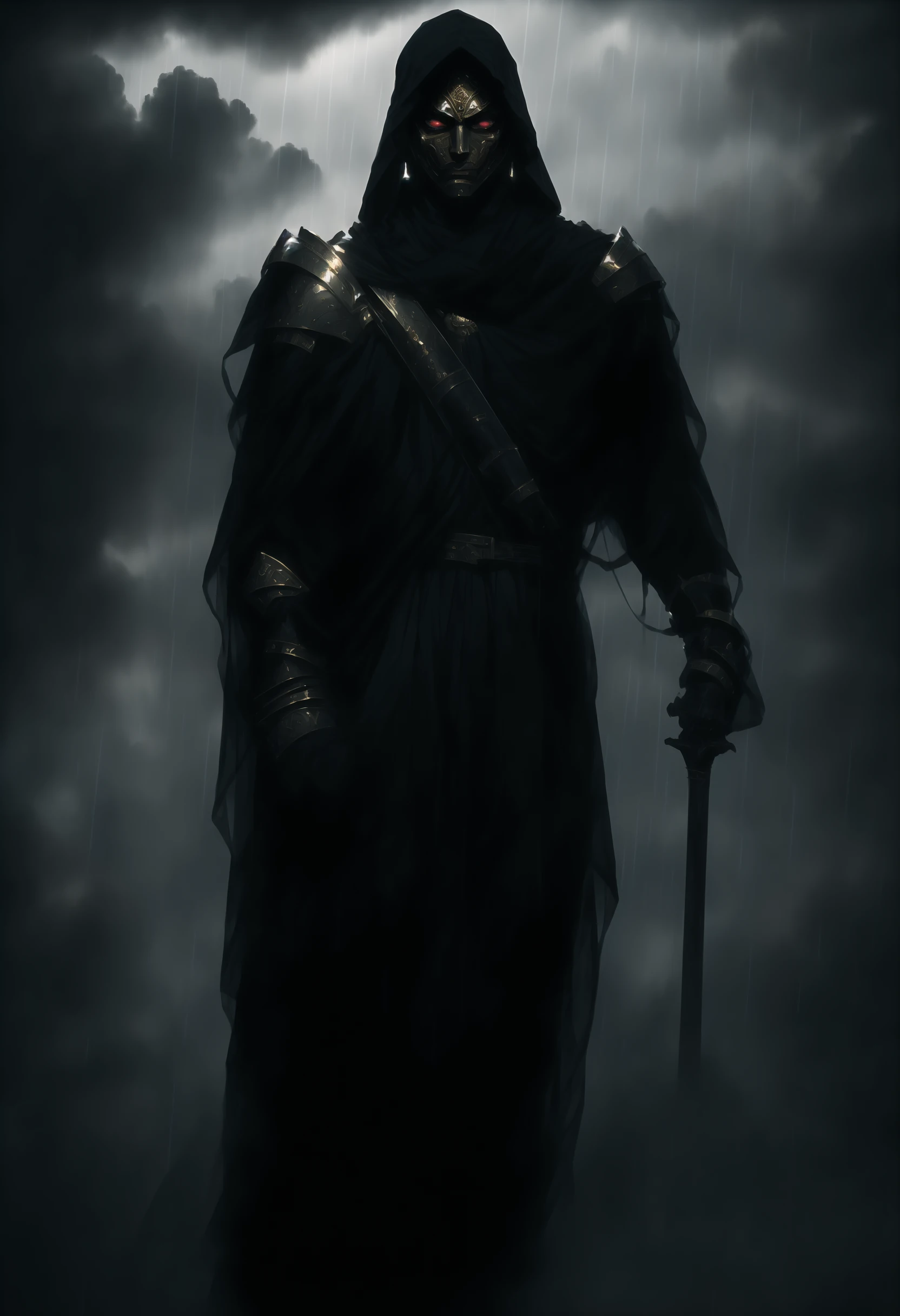 A stunning, highly detailed dark fantasy full body illustration of a proud angelical warrior wearing intricate medieval white HKStyle armor and an epic white ornamented mask, holding a great golden glowing sword, golden and blue glooming eyes, very wide shoulders, wearing big gauntlets, epic composition. The warrior stands heroic with a flowing cloak and white hood during a storm with foggy gloom, thunderclouds in the background . The scene depicts him with brooding emotional agony , style by Greg Rutkowski, by Milo Manara and Russ Mills, with insanely intricate details and textures, gloomy dramatic lighting, 8K resolution