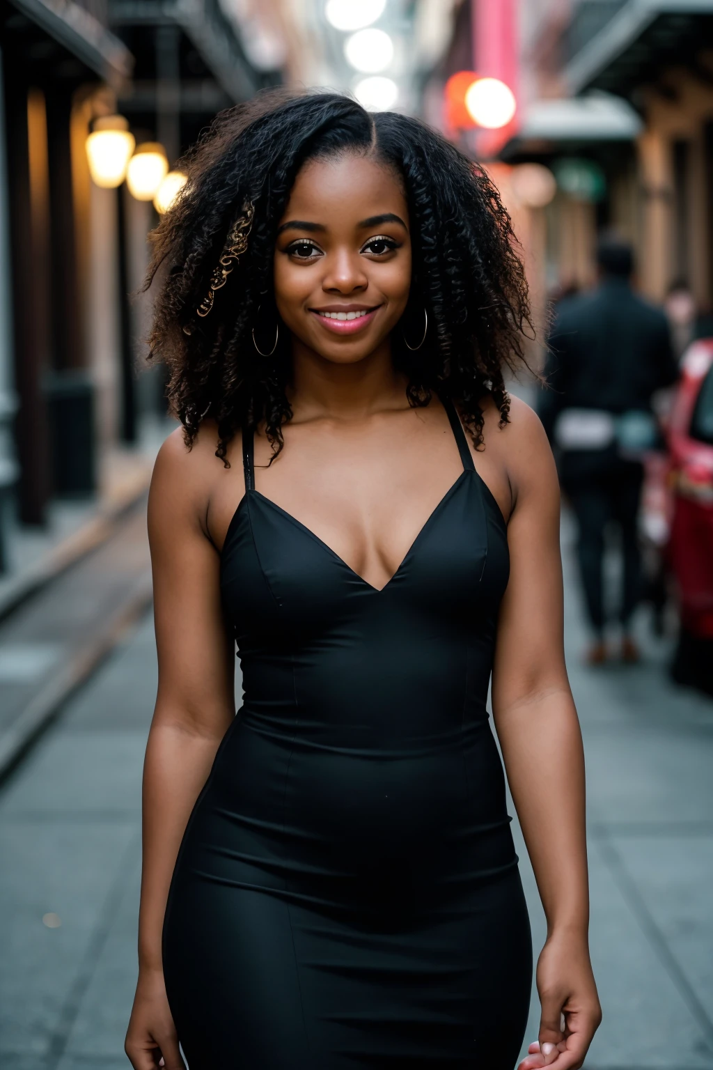 photo of a black young woman street photography downtown New Orleans, finely detailed skin, Canon EOS 90D, grainy, dark, nighttime, dark photo, grainy, dimly lit, seductive smirk,