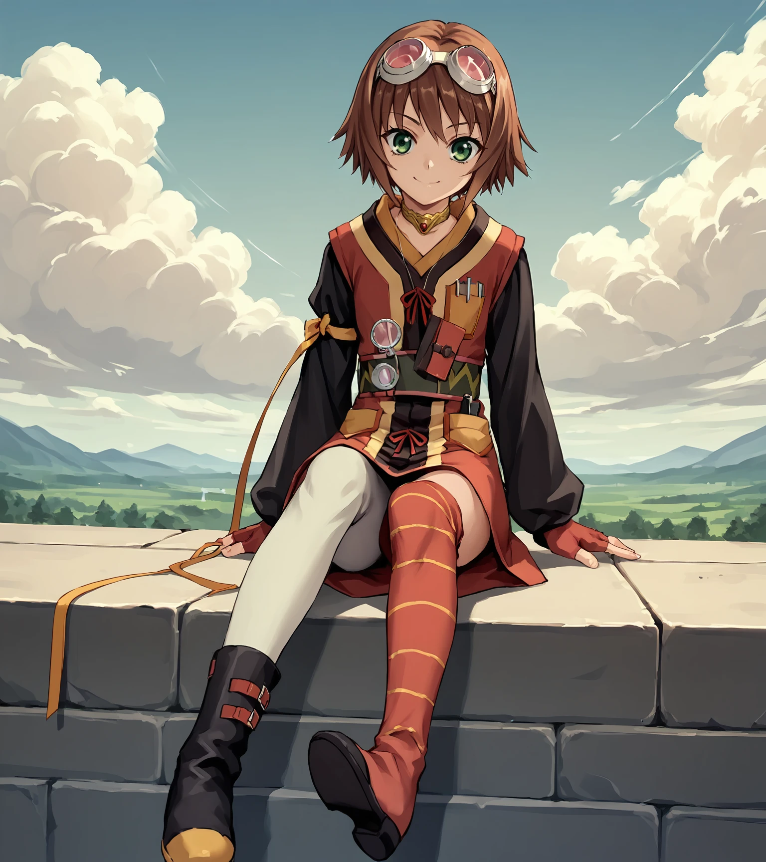 score_9, score_8_up, score_7_up, score_6_up, score_5_up, score_4_up, BREAK source_anime,
1girl, solo, <lora:RitaMordio:0.9>, Rita Mordio, green eyes, brown hair, short hair, flat chest, goggles on head, choker, red dress, black sleeves, fingerless gloves, single leg pantyhose, asymmetric legwear, boots,
looking at viewer, smile, sitting, front view,,  full body ,
<lora:Chocochip:1>,, 
outdoors, sky, clouds,