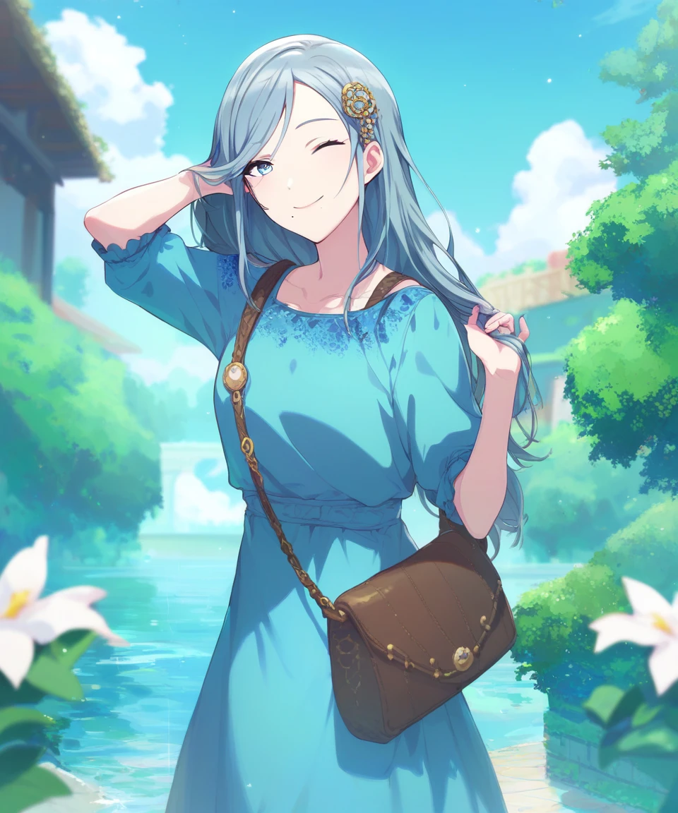 (score_9,score_8_up,score_7_up),
1girl,light blue hair,blue eyes,swept bangs,
smile,closed mouth, one eye closed, looking at viewer,hand in own hair,adjusting hair,standing,
hair_ornament,blue dress,shoulder bag,handbag,
outdoors,sky,day