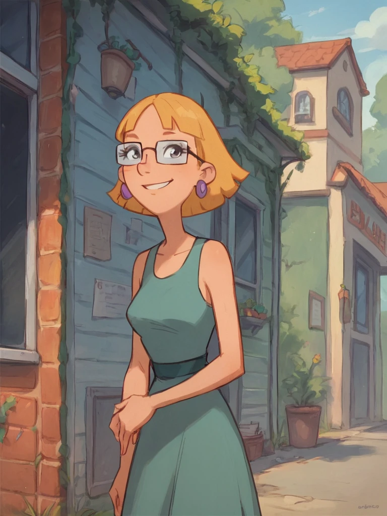 miriam, 1girl, glasses, earrings, jewelry, solo, short hair, blonde hair, smile, dress <lora:MiriampatakiPony1.1:0.8>, score_9, score_8_up, score_7_up, score_6_up, <lora:Smooth Anime Style LoRA XL:1> outdoors,