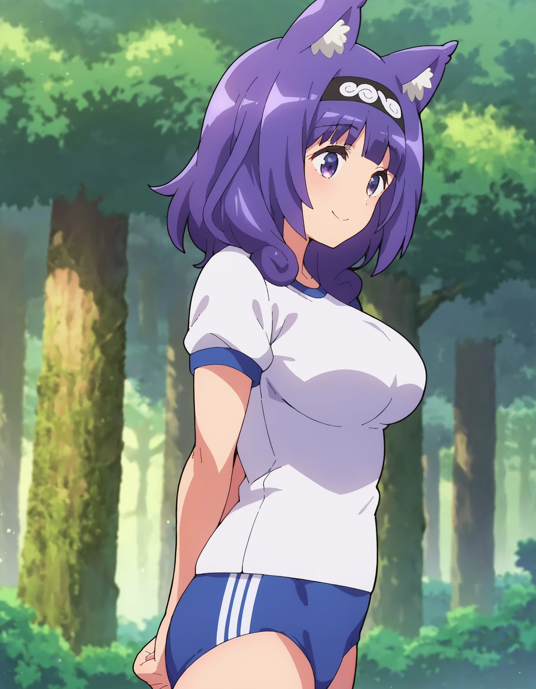 score_9, score_8_up, score_7_up, score_6_up, score_5_up, score_4_up, 
BREAK 
source_anime,1girl, solo, 
in the forest,
smile, blue buruma, gym clothes, white shirt, undersized clothes, standing, from side, hands behind back,
purple hair, medium hair, purple eyes, animal ears, large breasts, hairband, 
<lora:FutokuHitamuKyanV2:0.8>,