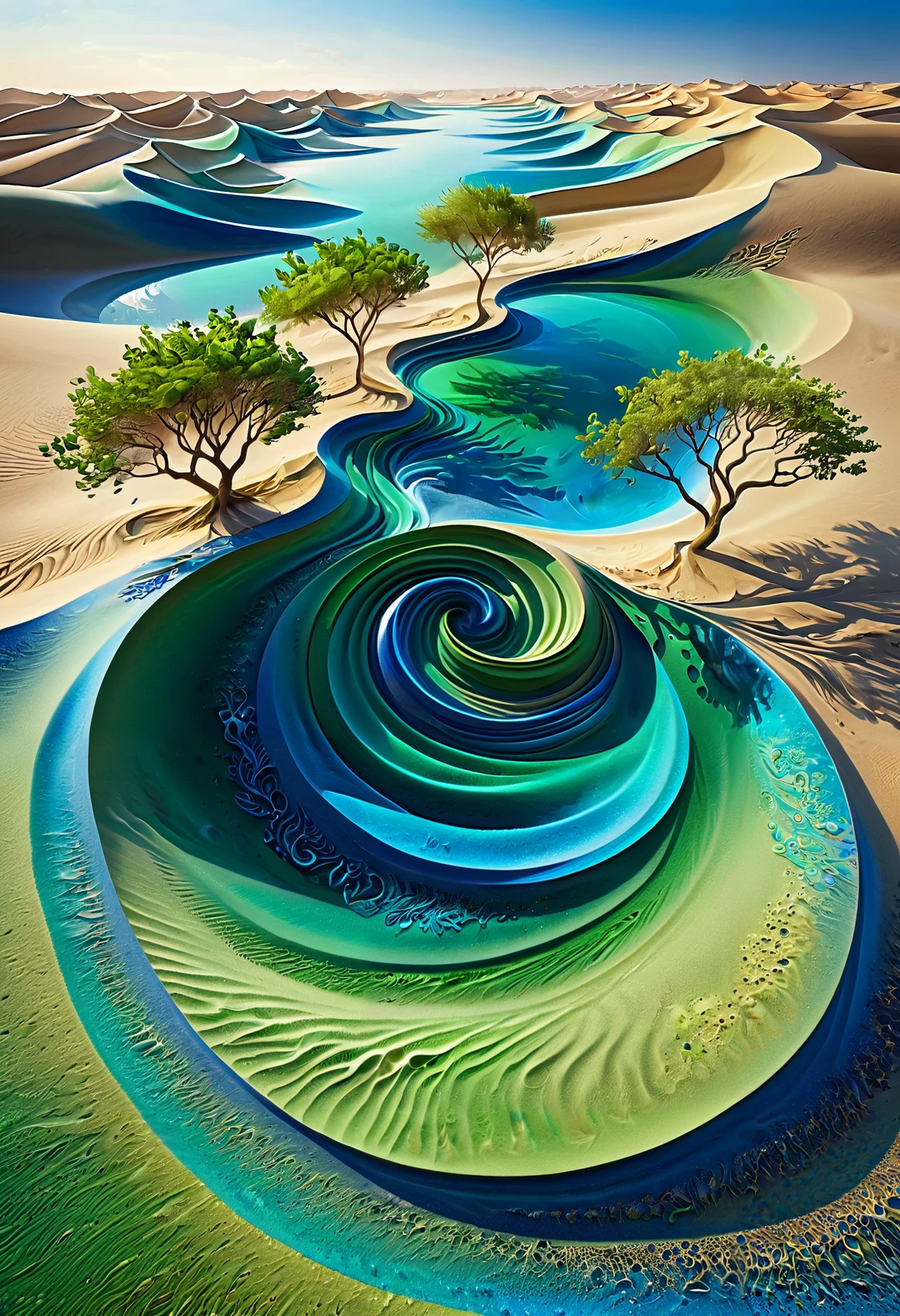 an oasis in a desert, trees and bushes made of green swirling sand, water made of blue swirling sand, detailed, (masterpiece, high detail, best quality), realistic, fantasy