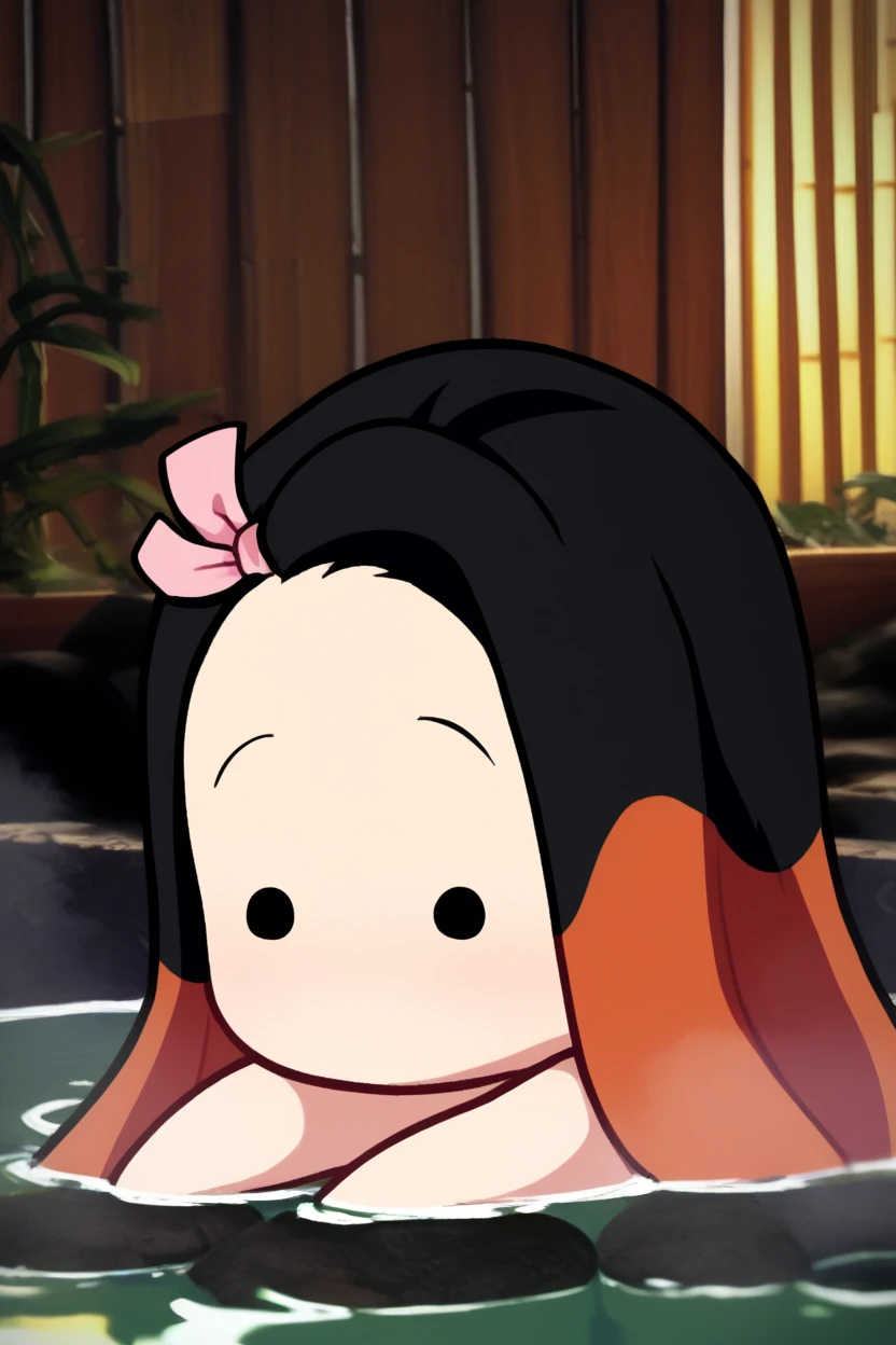 score_9, score_8_up, score_7_up,rating_safe,nezukoc,1girl,solo,female , black hair, solid circle eyes, parody, pink hair ribbon, two-tone hair,orange hair,chibi,bathing, submerged, long hair,onsen, bamboo,:o,forehead,no nose, portrait, <lora:NezukoPony_v2:1>