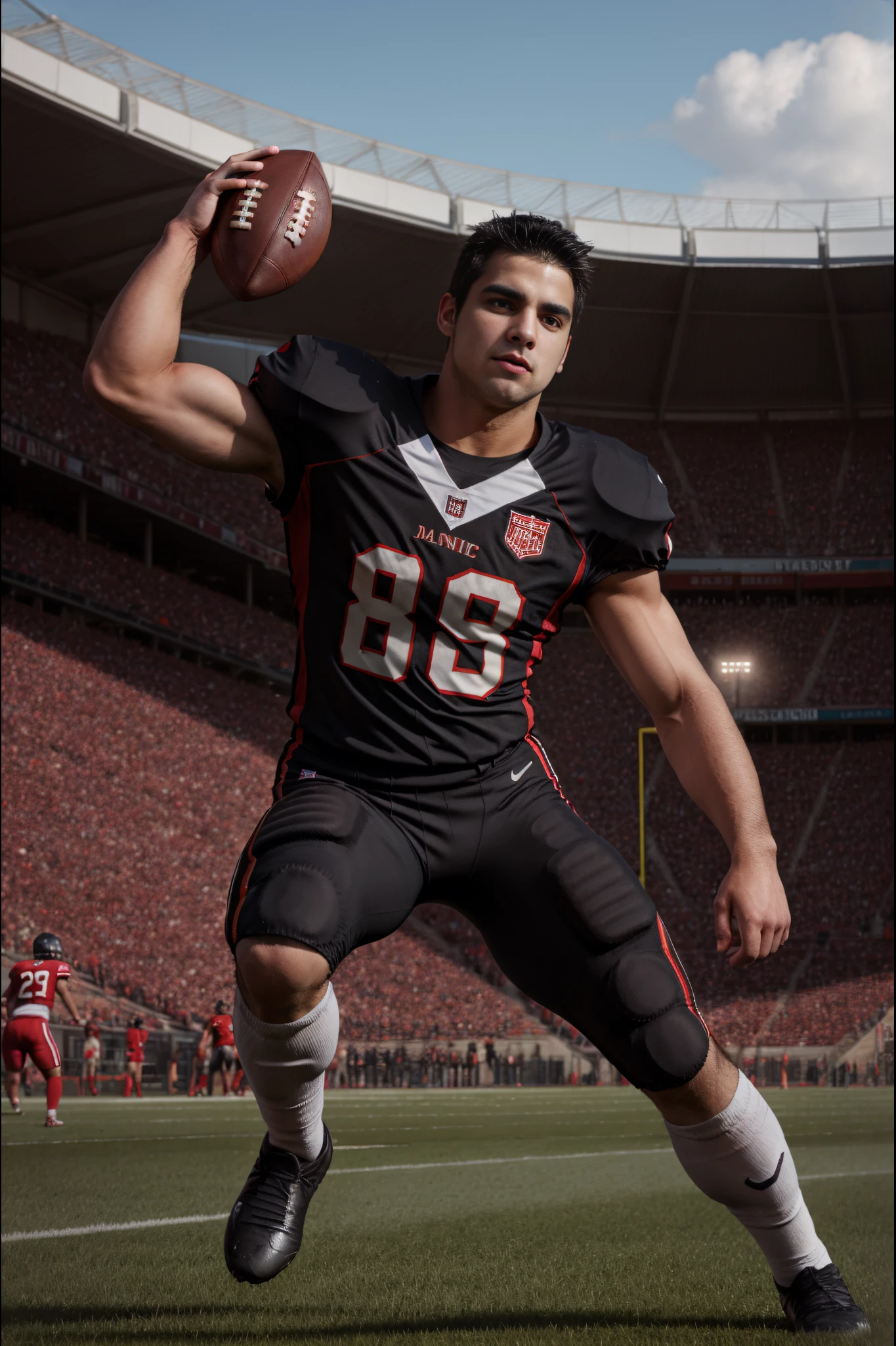 <lora:MaleModel_02:1>handsome, black hair, brown eyes, athletic, football uniform, stadium. (dynamic motion)