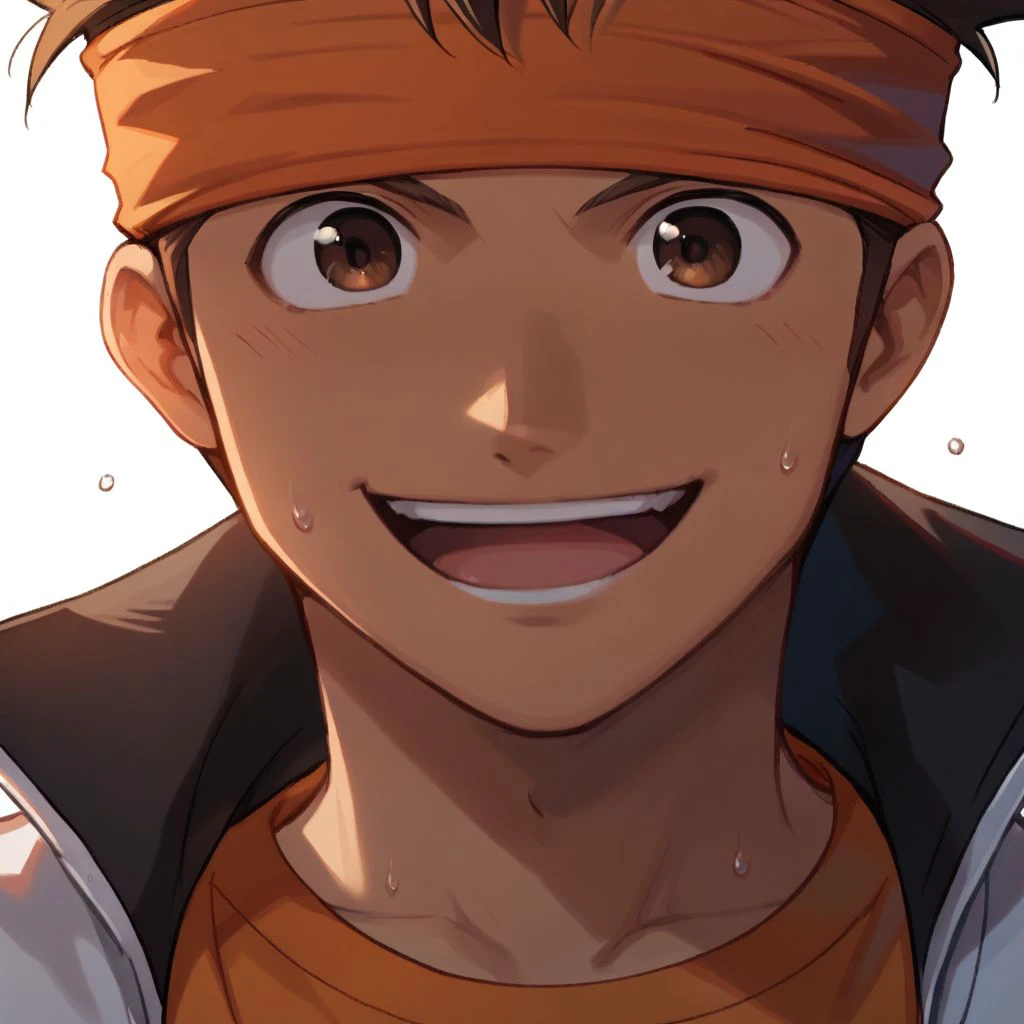 score_9, score_8_up, score_7_up, mark evans, 1boy, solo, brown hair, brown eyes, orange headband, white jacket, orange shirt, close up portrait, happy, sweat, white background, nori