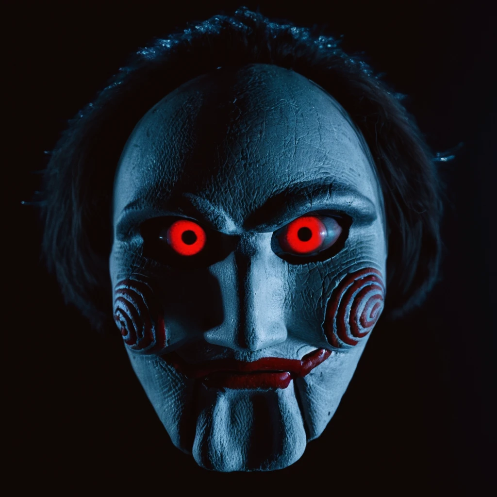 cinematic film still of  <lora:jigsaw style:1>
Jigsaw a creepy looking mask with red eyes and a red nose,solo,looking at viewer,open mouth,simple background,red eyes,no humans,makeup,black background,colored sclera,black sclera,straight-on , detailed, detailed background, detailed scene, perfect, perfection, cinematic, filmic, Horror (themed), Jigsaw style, shallow depth of field, vignette, highly detailed, high budget, bokeh, cinemascope, moody, epic, gorgeous, film grain, grainy