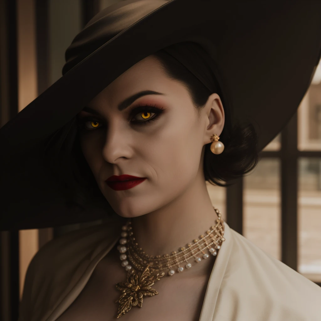 house, peop Best_QualityPos, RAW photo, intricate details, best quality, 8k uhd, soft lighting, 1girl, solo, alcina dimitrescu, hat, black hat, short hair, black hair, yellow eyes, colored skin, grey skin, dress, white dress, collarbone, rose, black flower, black rose, jewelry, earrings, necklace,  lipstick, makeup <lora:Alcina_Dimitrescu:0.7> <lora:exposure_control_v10:-0.4>