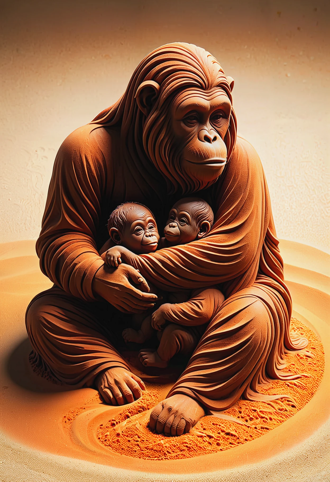 an orangutan sculpture, carrying a orangutan baby, made of orange swirling sand, detailed, (masterpiece, high detail, best quality), realistic, fantasy