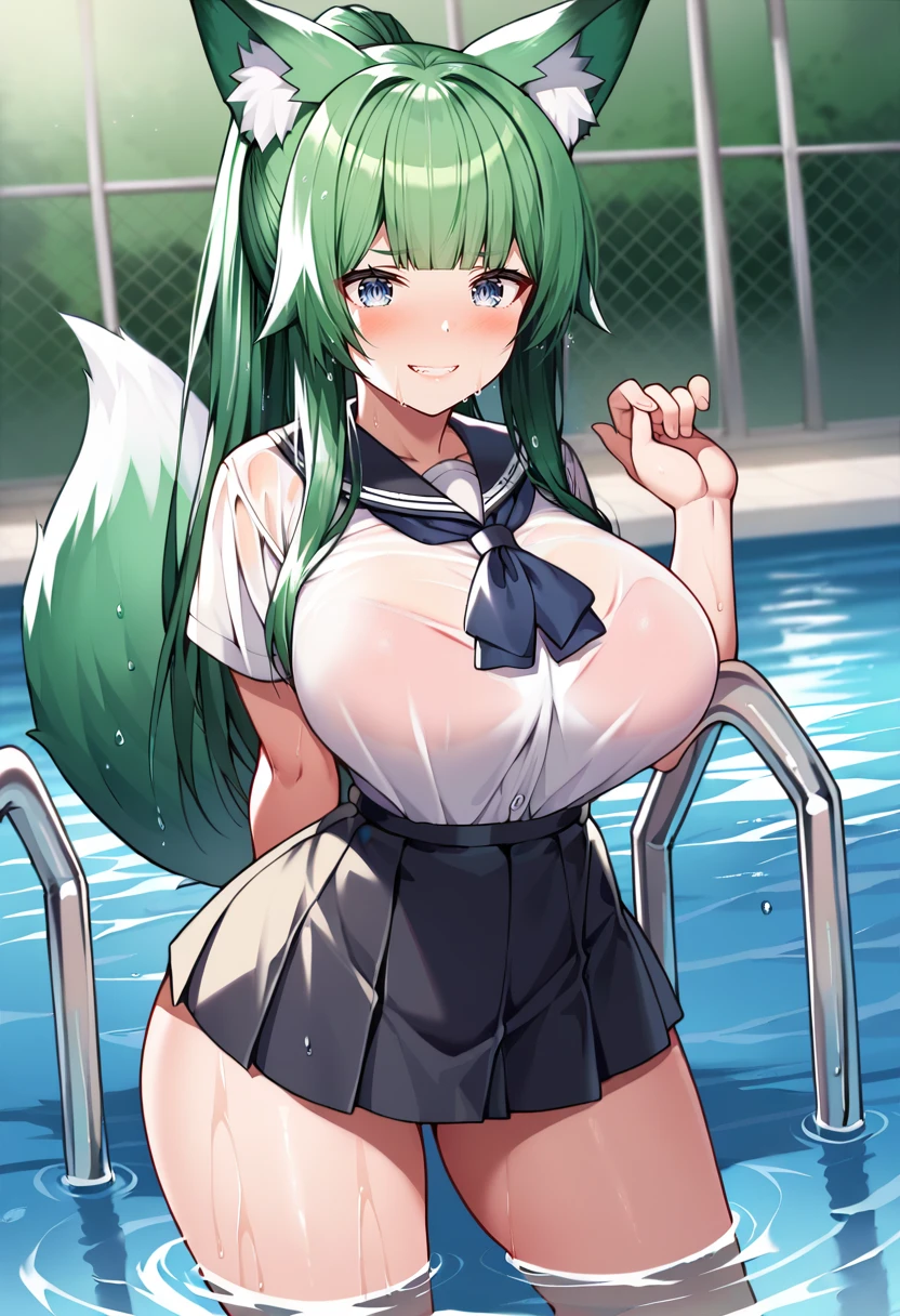 score_9, score_8_up, score_7_up, source_anime, 1girl, solo, pool, school pool, blue eyes, green hair, fox girl, fox ears, school uniform, wet shirt, bare feet, standing, cowboy shot, facing forward, grin, blush,  big breasts, wide hips, thick thighs, blunt bangs, ponytail, messy hair,green ears, green fox ears, black skirt   <lora:Akusema-Style-PonyXL-Final-000014:1>