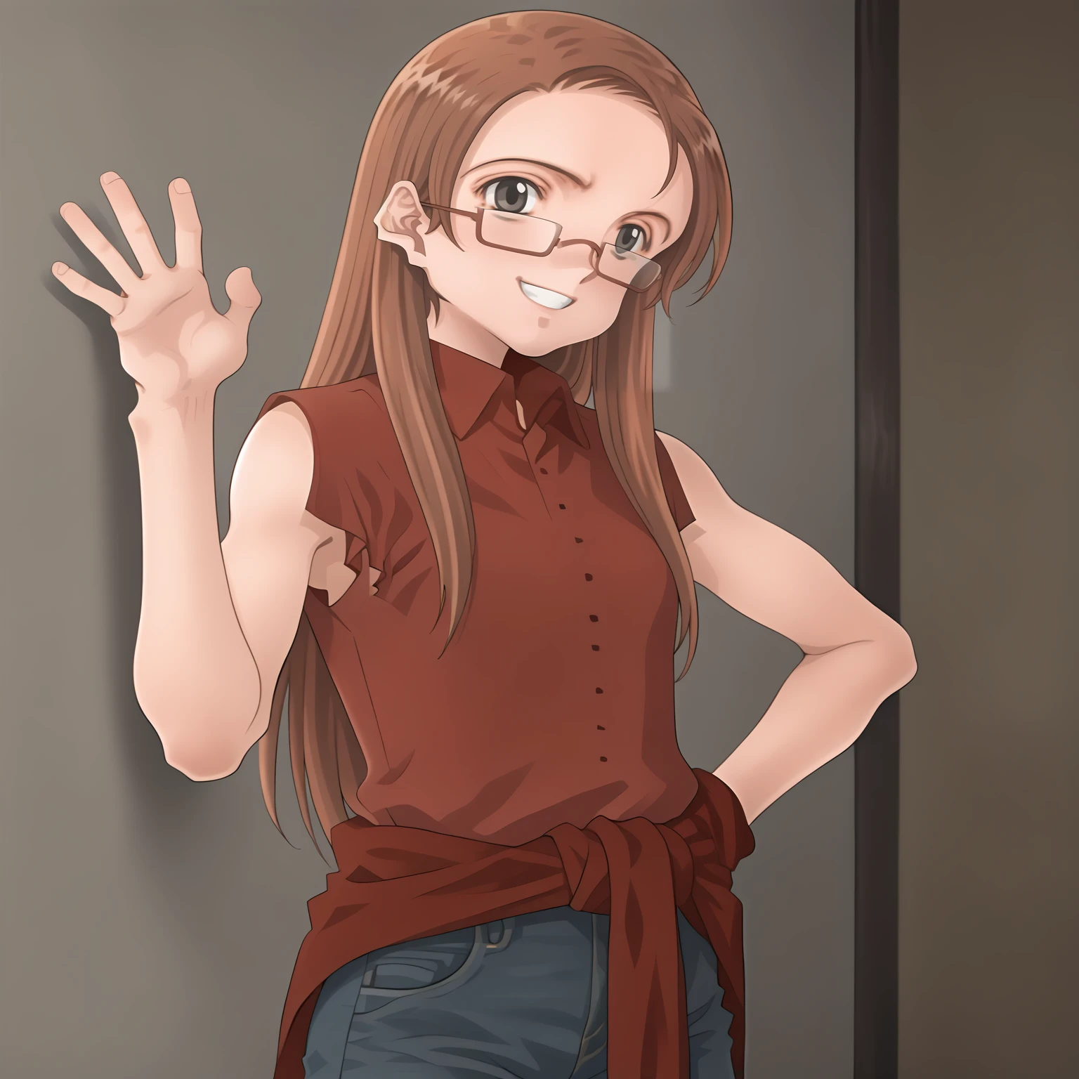 <lora:KyoukoAsahinaXLpony001>,smile,
solo,
KyoukoAsahina,1girl,brown hair,long hair,black eyes,eyewear,
red shirt,sleeveless,
clothes around waist,
jeans,