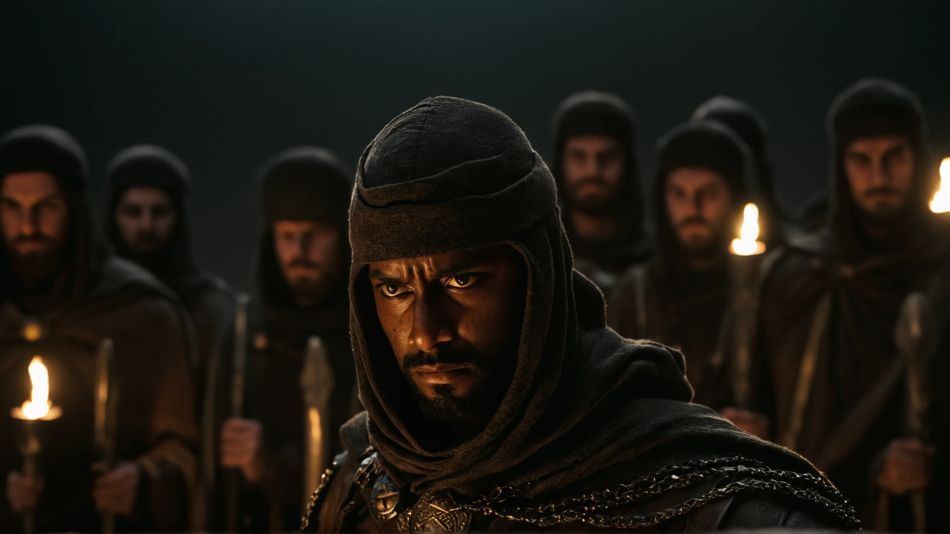 cinematic film still of  <lora:spartan style v2:1>
In 480 B.C. Persian Army a dark man with a chain around his head,dark army,antagonist army,solo,1boy,weapon,hood,blurry,cloak,hood up,candle,dark , realistic, realism, photorealism, hyperrealism, hyperrealistic, realistic, sharp, detailed, cinematography style, film light style, movie still,  professional photography, artistic, perfection, contrast, cinematic, filmic, high quality photo,  8k quality, colorful, photography style, different people, war, warrior, armor, spartan style, shallow depth of field, vignette, highly detailed, high budget, bokeh, cinemascope, moody, epic, gorgeous, film grain, grainy