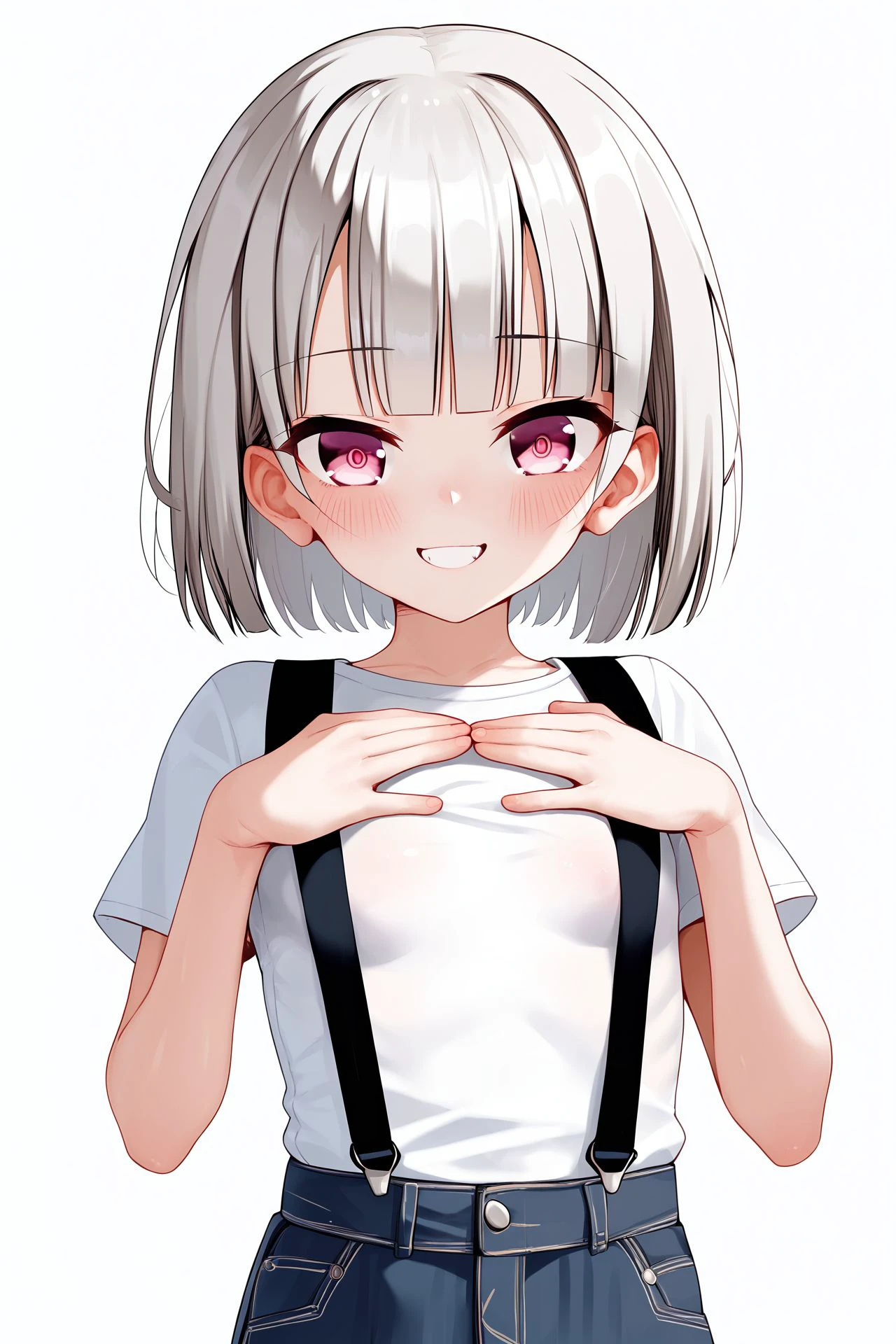 score_9, score_8_up, score_7_up, 1girl, kind smile, looking at viewer, light_grey hair, straight-across_fringe, pink eyes, small breasts, hands_on_own_chest, suspenders <lora:Gemba_PonyXL_style_v01:1>