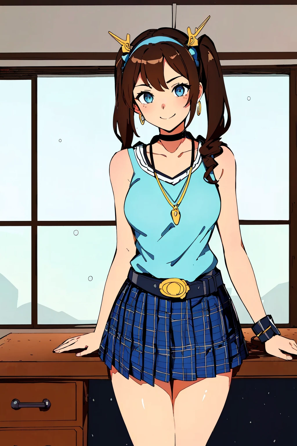 masterpiece, ultra-detailed, best quality, illustration, 8k cg wallpaper, an extremely delicate and beautiful, 1girl, solo, perfect anatomy, cute face, smiling, blushing, sparkling eyes, deep blue eyes, beautiful detailed eyes, dark brown hair, shoulder-length hair, twintails, cute hair accessories, cute earrings, cute choker, slim body, medium breasts, business outfit, perfect arms, cute arm accessories, black belt with gold buckle, light blue plaid skirt, cute thigh-high stockings, perfect legs, cute, pretty, beautiful, sexy, perfect body, (background: office, desk, chair, bulletin board, windows, intricately detailed items in background), <lora:Sable:1>