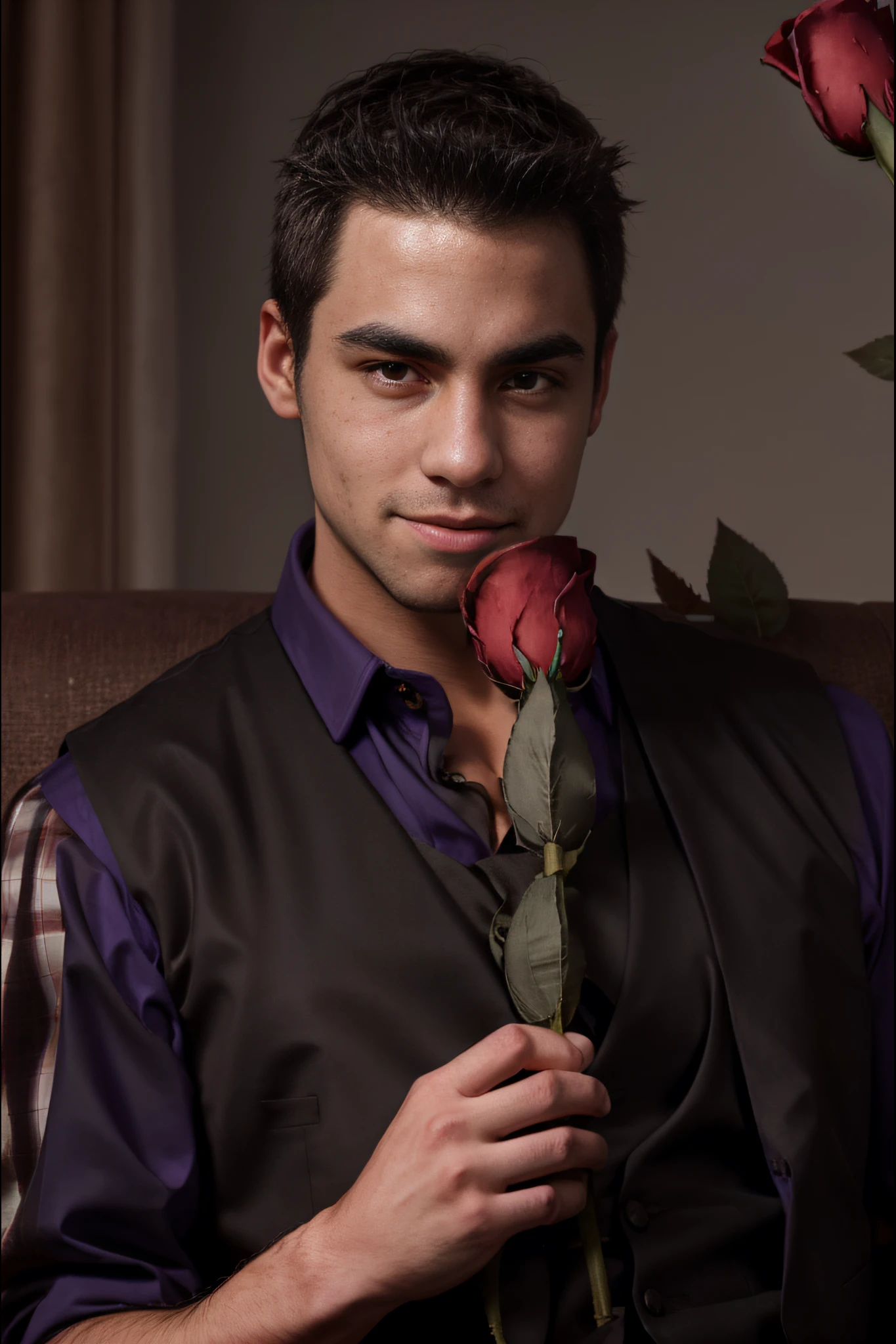 <lora:MaleModel_02:1>handsome, black hair, brown eyes, half smile, athletic, black vest, purple shirt, (((holding red rose))) to chin, portrait, interior: atmospheric bar