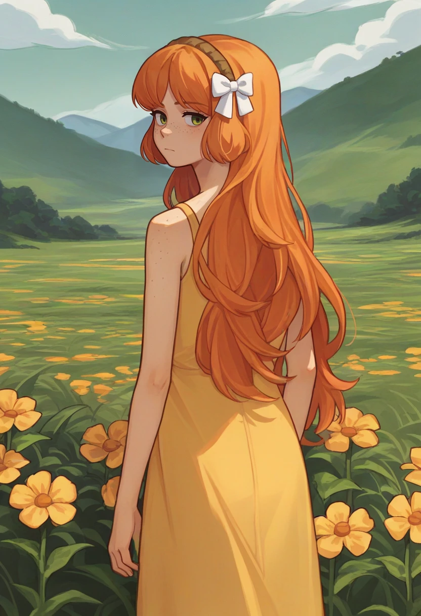 score_9, score_8_up, score_7_up, source_anime, from behind, solo, 1girl, ishmael, freckles, expressionless, looking back, long hair, hair bow, white bow, brown hairband, yellow sundress, outdoors, flower field <lora:limbuscompany_ishmael_ponyXL:1>