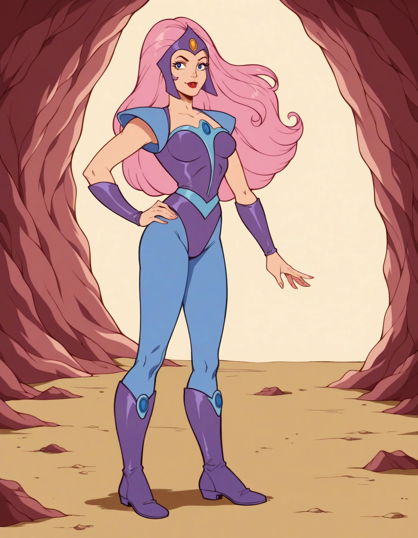 a cruel young rich girl with a petite sensual body, evil, false smile, maiden, arthurian, ??????????????, slim legs, soft skin, long hair, sky blue eyes, pink lips, thighhighs, brown knee boots, smug, standing