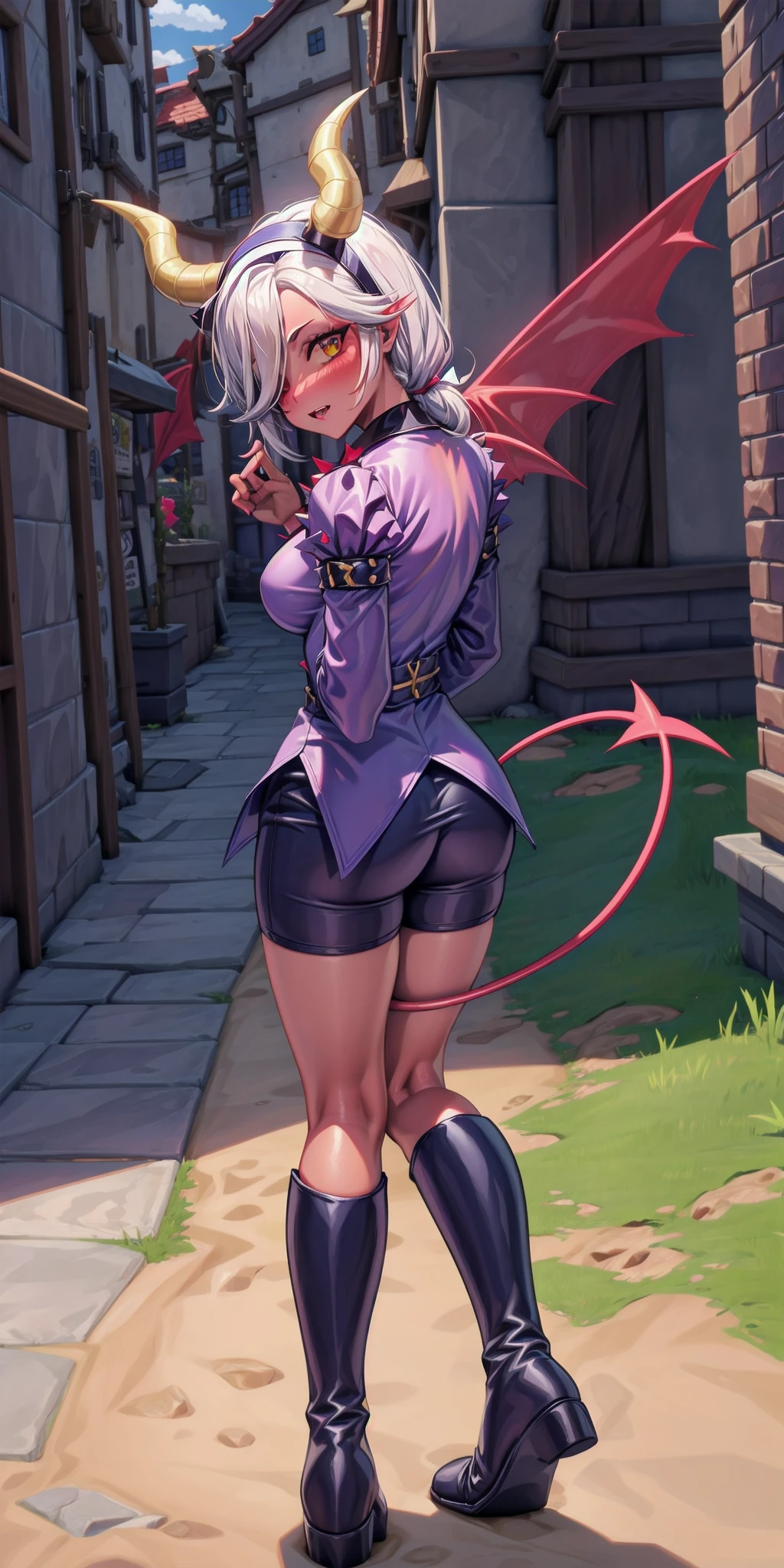 by Zackary911, kenket, kilinah, Zackary911, (((Kobold, woman, breasts, antrum, extremely detailed, extremely detailed legs, extremely detailed arms, extremely detailed face, perfectly detailed eyes, perfectly detailed anatomy))): 1.2, solo, perspective, curved thighs, huge thighs, curvature, embarrassed smile, (tail), totally blushed, nervous, looking at the viewer, squatting, spread legs, wearing a long wizard robe, muscular toned, messy white hair, thigh highs, black thong, shirtless, blush, perspective, finely detailed paws, punk style, adventure backpack,