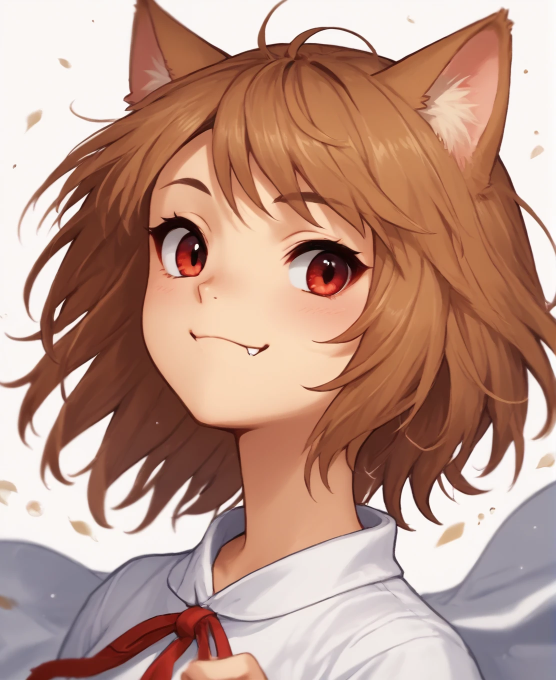 score_9, score_8_up, score_7_up, score_6_up, source_anime, 1girl, portrait, a cute catgirl, brown hair, red eyes, fang, smile, white background, simple background, wind, particles, depth of field,