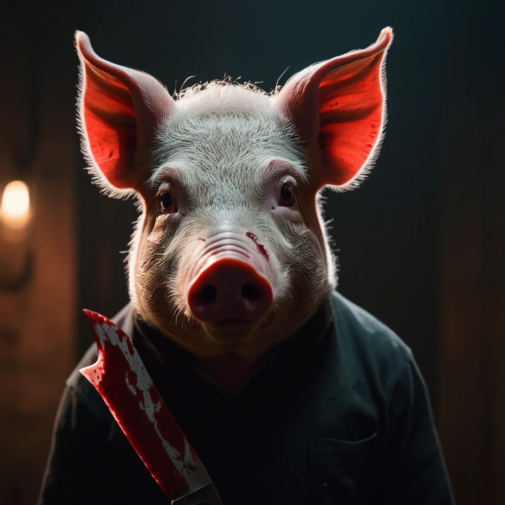 cinematic film still of  <lora:jigsaw style:1>
a pig with a bloody face and a knife,solo,looking at viewer,black hair,red eyes,animal ears,signature,blood,mask,horror (theme) , detailed, detailed background, detailed scene, perfect, perfection, cinematic, filmic, Horror (themed), Jigsaw style, shallow depth of field, vignette, highly detailed, high budget, bokeh, cinemascope, moody, epic, gorgeous, film grain, grainy