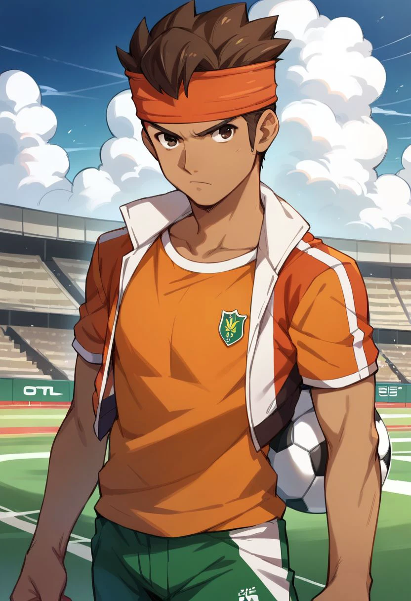 score_9, score_8_up, score_7_up, mark evans, 1boy, solo, brown hair, brown eyes, orange headband, sportswear, emerald and orange shirt, emerald shorts, serious, gate, gatekeeper, soccer field