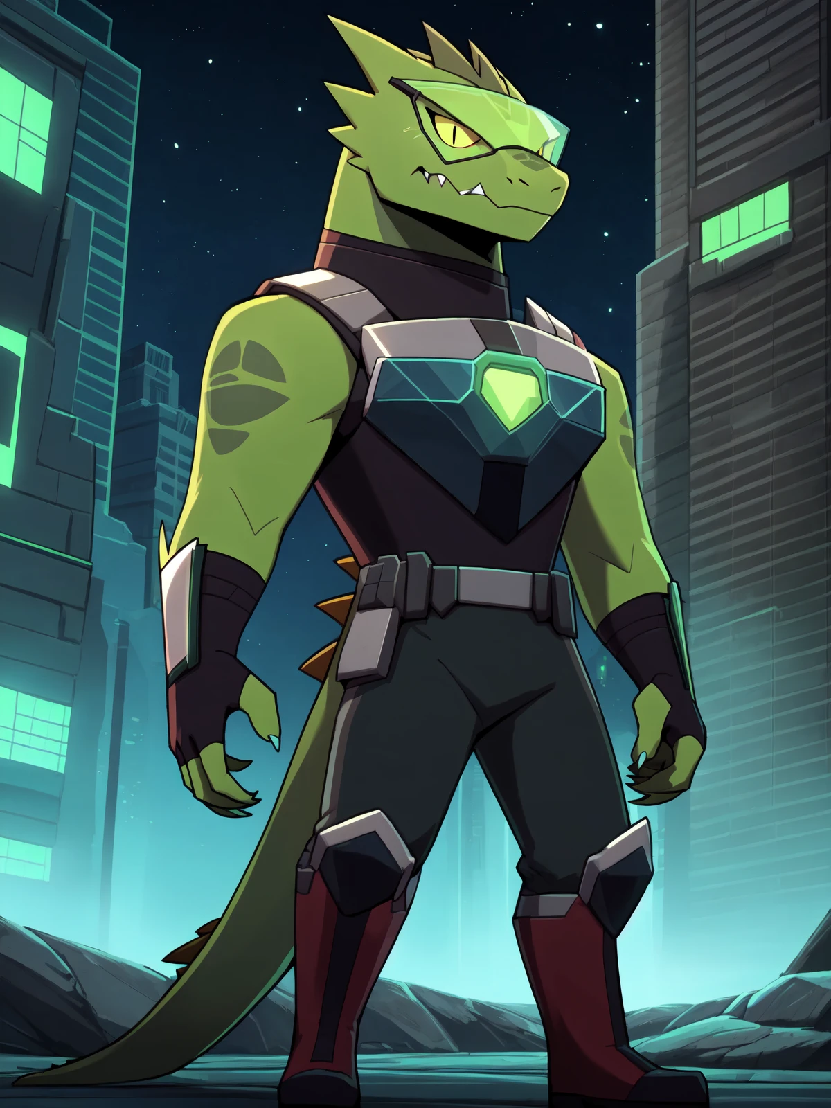 this photograph depicts a r0gelio standing at attention, standing, scalie, reptile,r0gelio, crocodilian, anthro, full body, male,solo,saliva, teeth,simple eyes, slit pupils, yellow sclera, looking down at viewer,fingerless gloves, topwear, bottomwear, armor, eyewear, green visor, fangs, sharp teeth, footwear, boots, scales, symmetrical,detailed background, outdoors,4k hi res,insanely detailed, night, volumetric lighting,realism shading, digital media (artwork), insanely detailed, trembling, <lora:r0gelio_YMv4:0.8>, by blitzdrachin, by braeburned, by donutella, by zackary911, by spectrumshift, by inumania