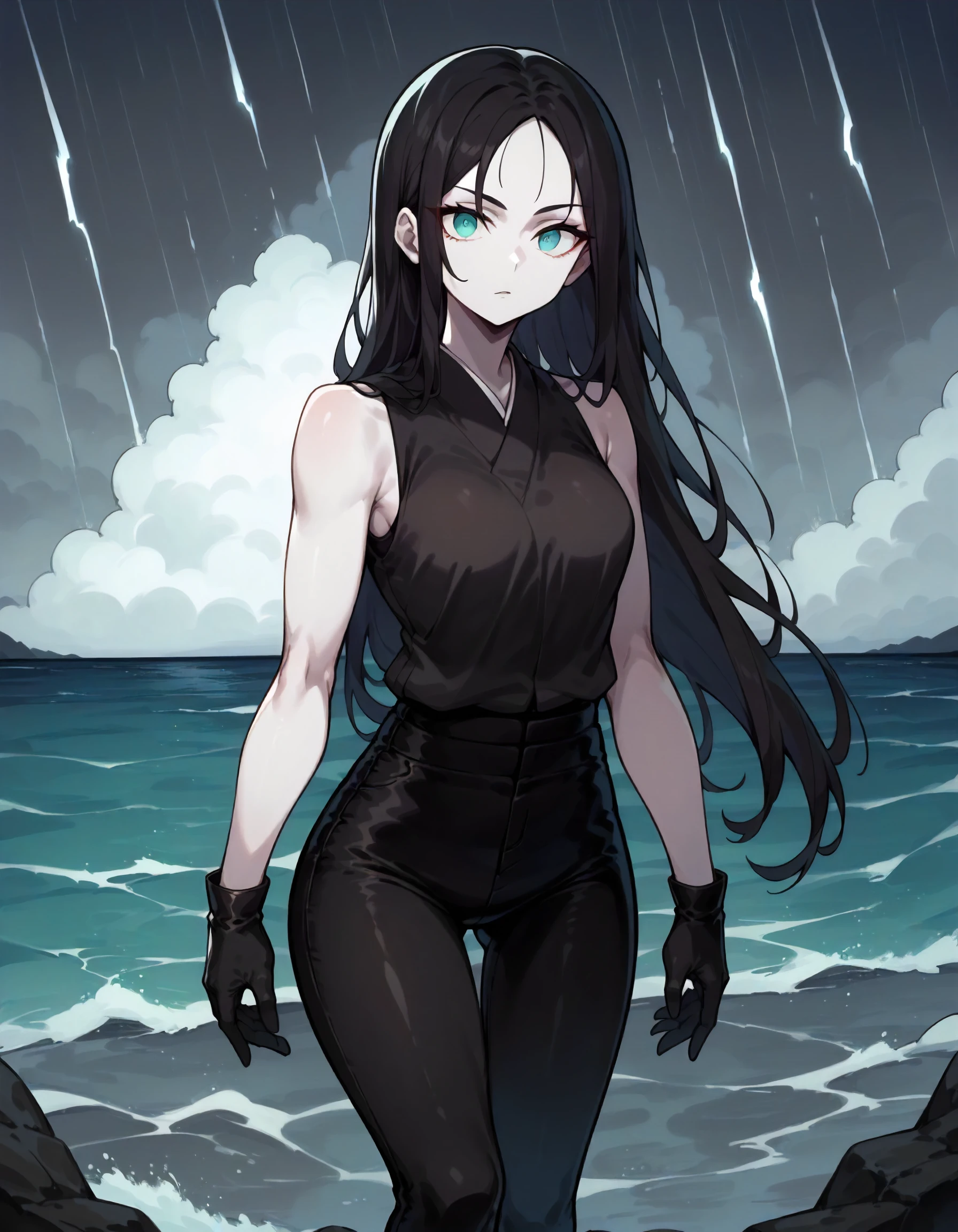 score_9, score_8_up, score_7_up,1girl,solo,standing,cowboy shot,
looking at viewer,ruclass,pale skin,long hair,black hair,aqua eyes,parted bangs,forehead,
sidelocks,black sleeveless shirt,black kimono,storm,overcast,ocean,night,black gloves,black pants,
<lora:ru-class_ponyXLV6:0.6>