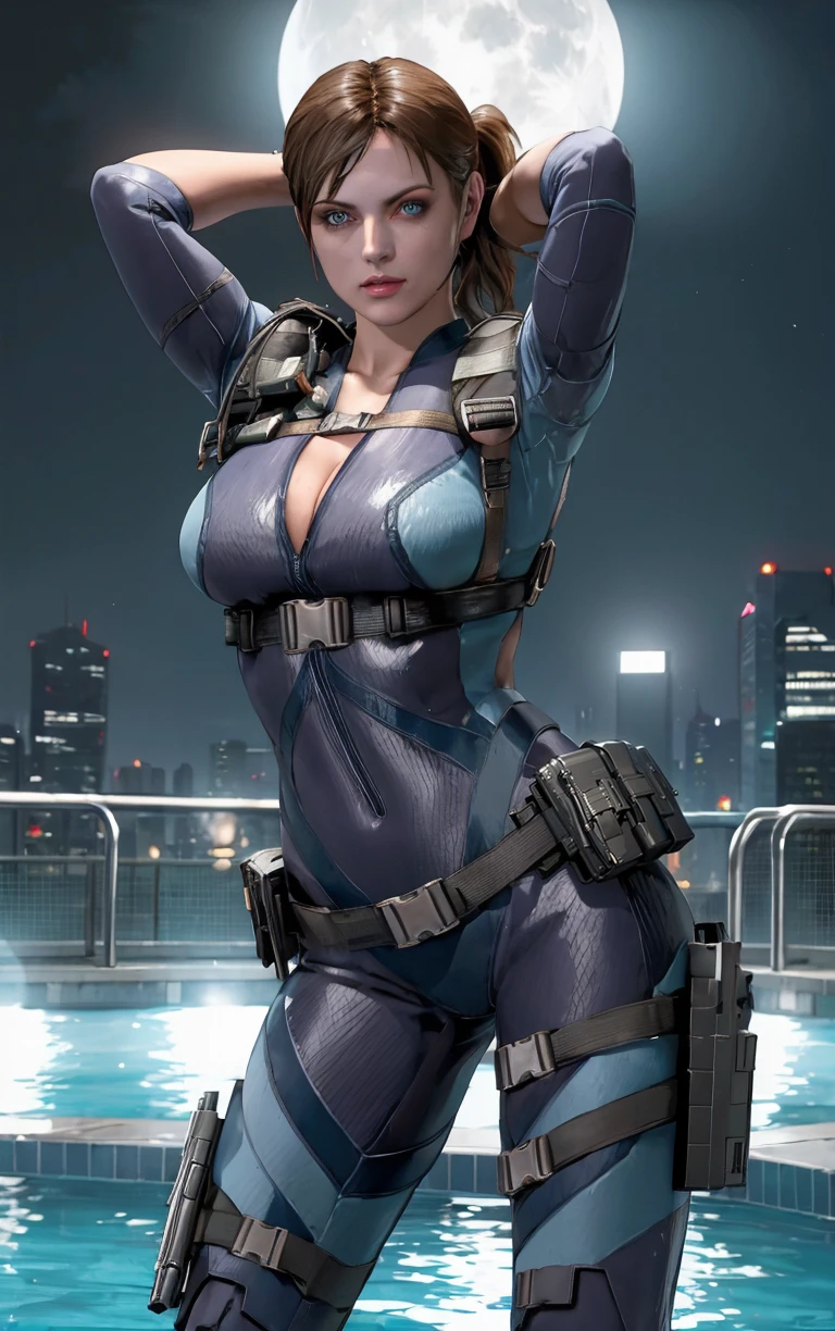 (masterpiece, best quality:1.4), insaneres, absurdres, solo, looking at viewer,BREAK 
GAME_ResidentEvilRevelation_JillValentine_ownwaifu, 
1girl, breasts, brown hair, short hair, medium breasts, jill valentine, lips, ponytail, long hair, blue eyes, large breasts, collarbone, makeup, 
bodysuit, cleavage, watch, holster, wristwatch, belt, uniform, military, bracelet, thigh holster, pouch, skin tight, bulletproof vest, 
(contrapposto, arms behind head), neon_lights, cityscape, night, pool, full moon, outdoors, <lora:GAME_ResidentEvilRevelation_JillValentine_ownwaifu-15:0.9> , depth of field