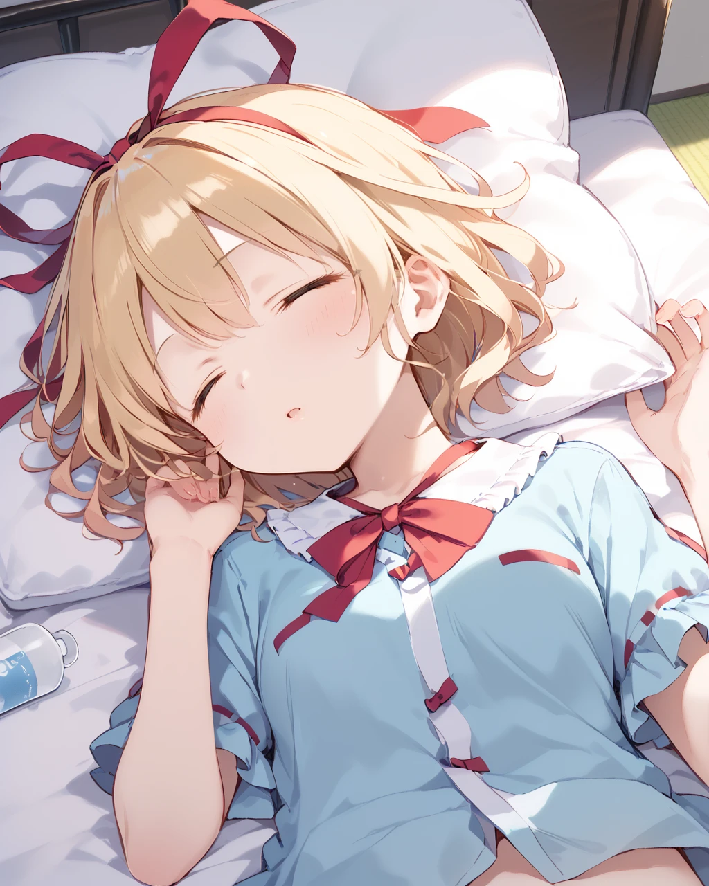 (((pnkserafuku))), best quality,ultra detail, 1girl, chibi, rumia_touhou, ((shiny hair)),((shiny glossy hair)), floating air blonde_hair, ribbon, short_hair, hair_ribbon, vest, open_mouth, red_ribbon,facing viewer, (((spread legs onbed))),(((vaginal,sex))),(((cum in pussy))),(((from above))), (((lying on bed))),(((white bed sheet))),(((lie on the pillow))),(((perfect anatomy))),(masterpiece:1.0),(Highest_quality:1.0),detailed,highly detailed,ultra detailed,extremely detailed CG,super high resolution,4k,super detailed, photograph,high resolution,8K,HDR,Highly detailed CG Unity 8k wallpaper,super detailed skin,detailed beautiful eyes,detailed beautiful face,detailed beautiful face and eyes,very detailed background,perfect,lighting,colorful, bright_front_face_lighting,shiny skin,(highly detailed background),looking at the viewer,(Focus on her face), solo, upper body, looking at viewer, upper angle, (blond), perfect quality, good quality, masterpiece, HDR, UHD missionary position,masterpiece,best quality,detailed,highly detailed,ultra detailed,extremely detailed CG,high resolution,8K,super detailed skin, ((detailed beautiful eyes)),detailed beautiful face,detailed beautiful face and eyes,very detailed background,highly detailed background,(front view),(((super big breasts))),looking at viewer,The girl&#39;s breasts aren&#39;t exposed at all., You can clearly see that she has very large breasts.,((kawaii)),((orgasm face)),