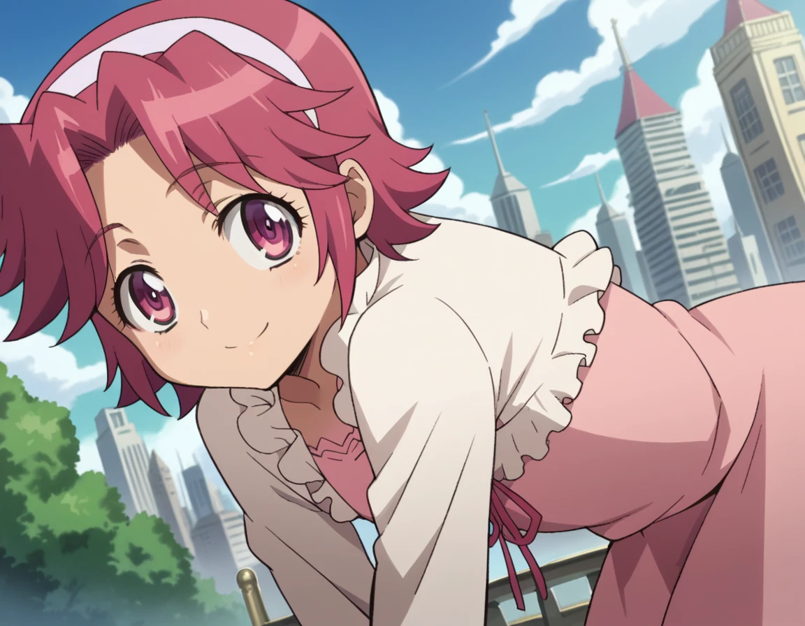 score_9, score_8_up, score_7_up, source_anime,
alicemaresato, <lora:alice-maresato-s1-ponyxl-lora-nochekaiser:1>,
alice maresato, short hair, pink hair, red hair, hairband, pink eyes, parted bangs, solo,
dress, frills, long sleeves, pink dress,
outdoors, cityscape, smile, bent over,
looking at viewer, dutch angle, cowboy shot,