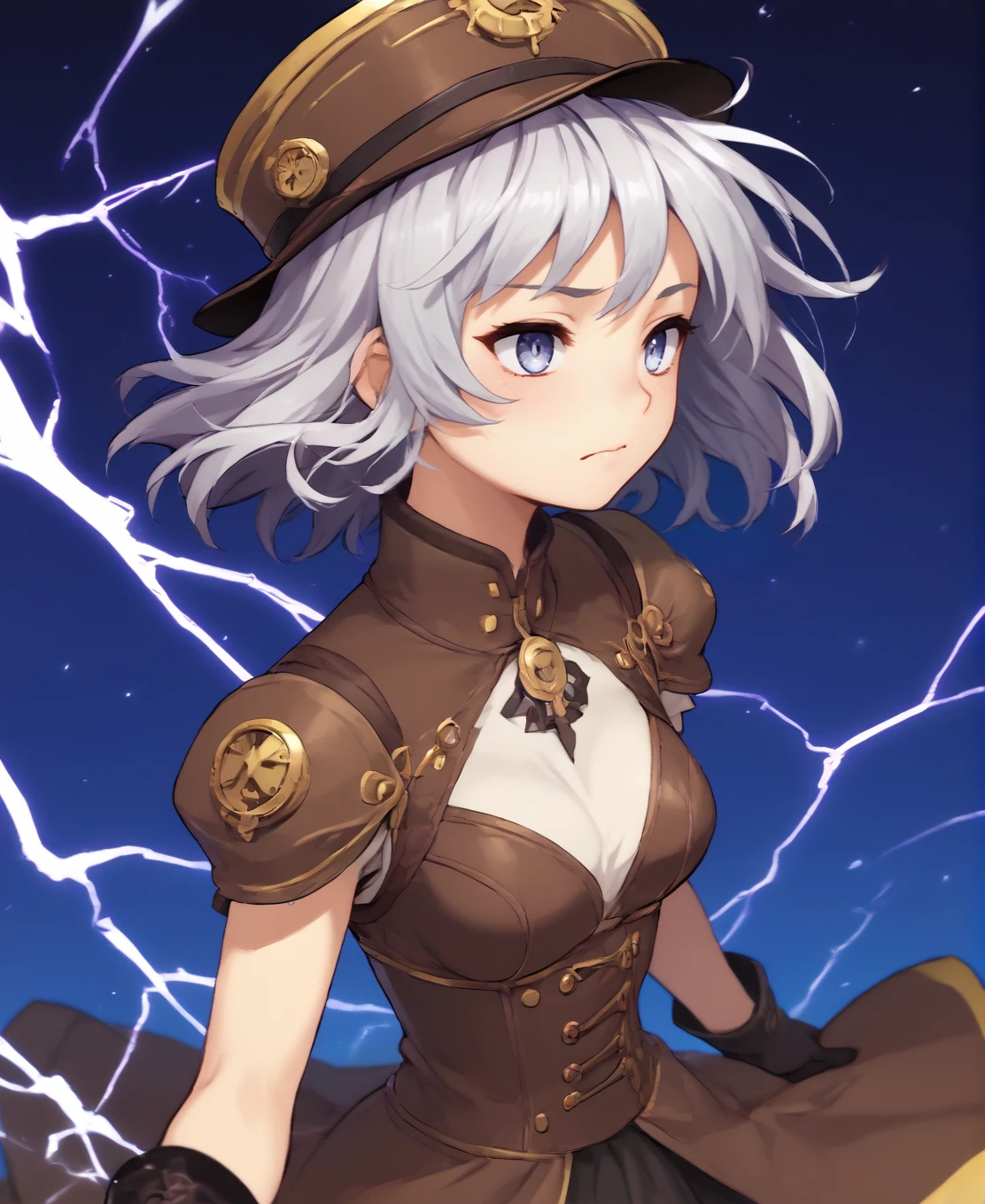 score_9, score_8_up, score_7_up, score_6_up, source anime, 1girl, solo, grey hair, medium hair, wavy hair, hair pulled back, hairband, white eyes, mole, sleepy, cowboy shot, dynamic angle, steampunk dress, armor, hat, gloves, medium breasts, white background, epic scene, depth of field, wind, particles, wide angle, smoke, (from above:0.8), electricity, storm, lightning, blue background, glowing