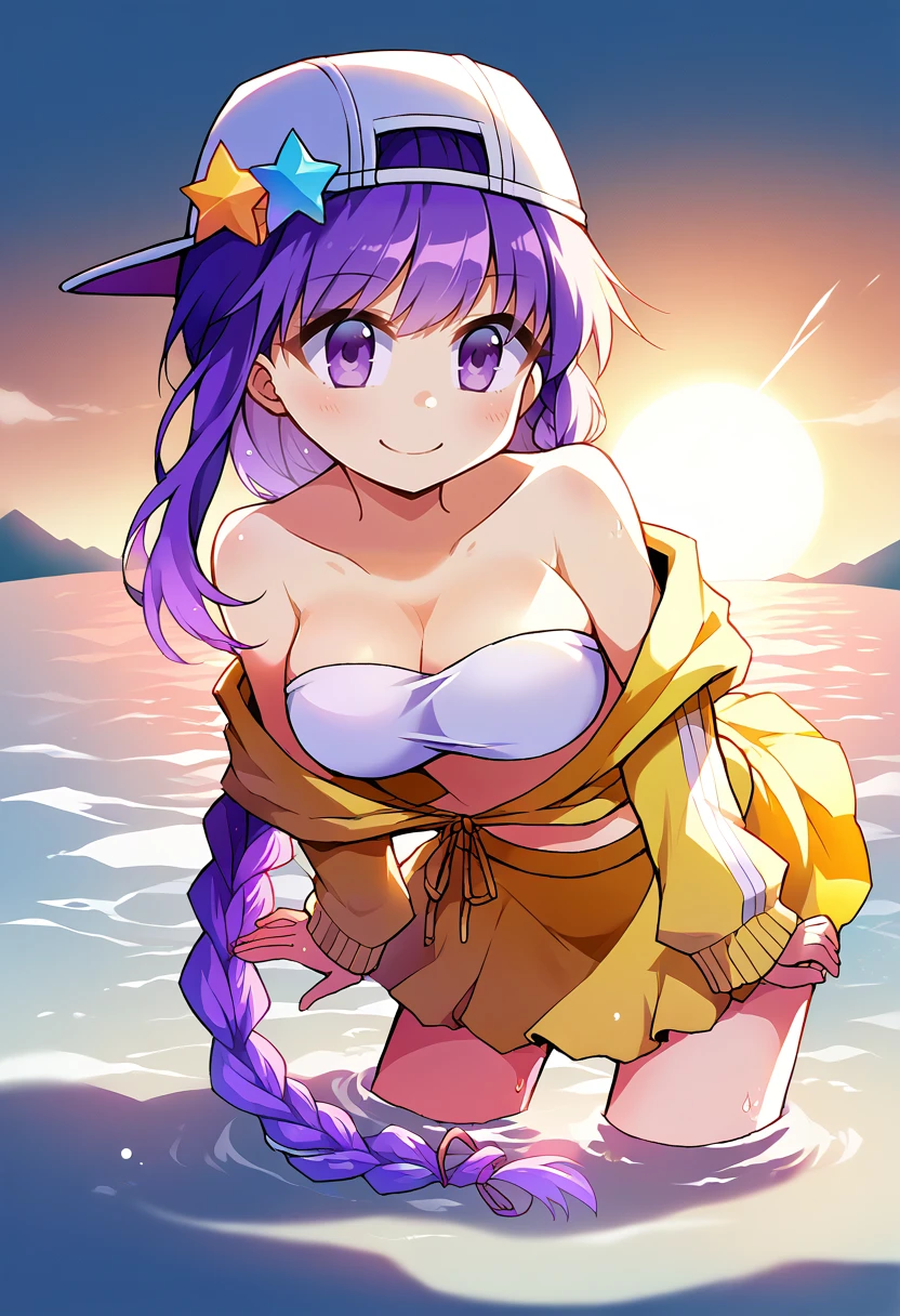 score_9, score_8_up, source_anime, 1girl, solo, BBSummer, purple eyes, purple hair, very long hair, single braid, baseball cap, backwards hat, star hat ornament, yellow jacket, off shoulder, white bikini, bandeau, yellow skirt, ocean, leaning forward, sunset, wading, smile, warm lighting, backlighting, <lora:ChamBBFatePonyXL:1>,   <lora:Yuuhi-Alpha-Style-PonyXL-000017:1>