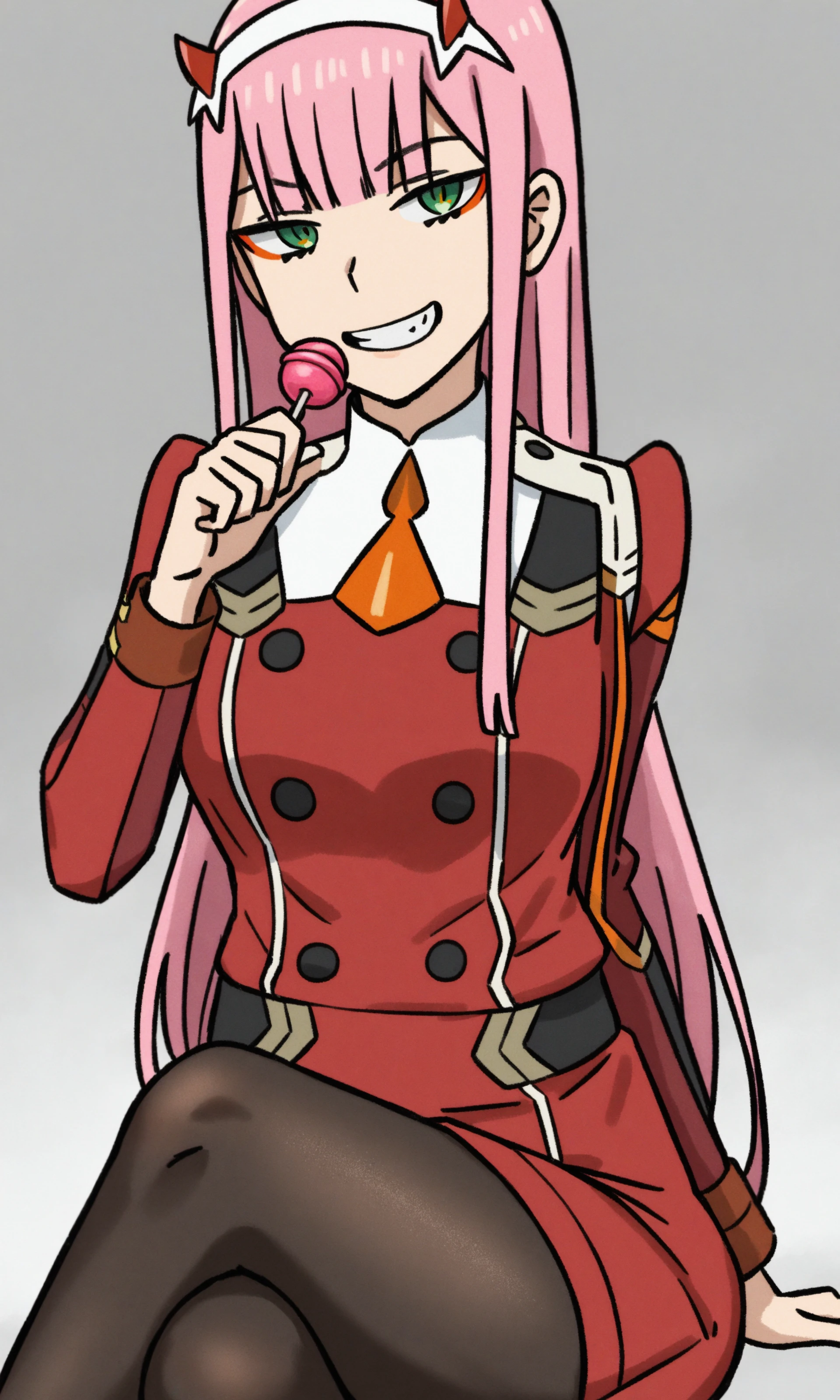 HDR,UHD,8K,best quality,highres,absurdres,masterpiece,Highly detailed,
<lora:zerotwo:1>,1girl, zero_two_\(darling_in_the_franxx\), long_hair, solo, pink_hair, lollipop, candy, pantyhose, horns, food, green_eyes, hairband, smile, white_hairband, black_pantyhose, crossed_legs, looking_at_viewer, boots, sitting, holding, uniform, holding_candy, white_footwear, necktie, bangs, holding_food, military_uniform, military, short_necktie, holding_lollipop, very_long_hair, invisible_chair, orange_necktie, long_sleeves, grin