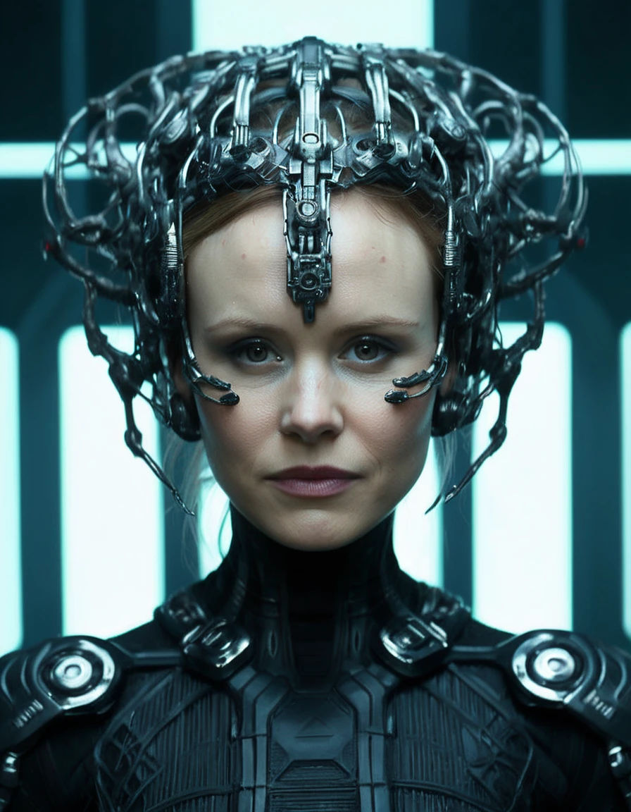 <lora:Alison Pill-000007:1.0>, close, face focus, movie still photo of ((alsnpllbq woman)), as the Borg Queen, masterpiece, best quality, ultra-detailed, best shadow, high contrast, best illumination,  colorful, hyper detail,