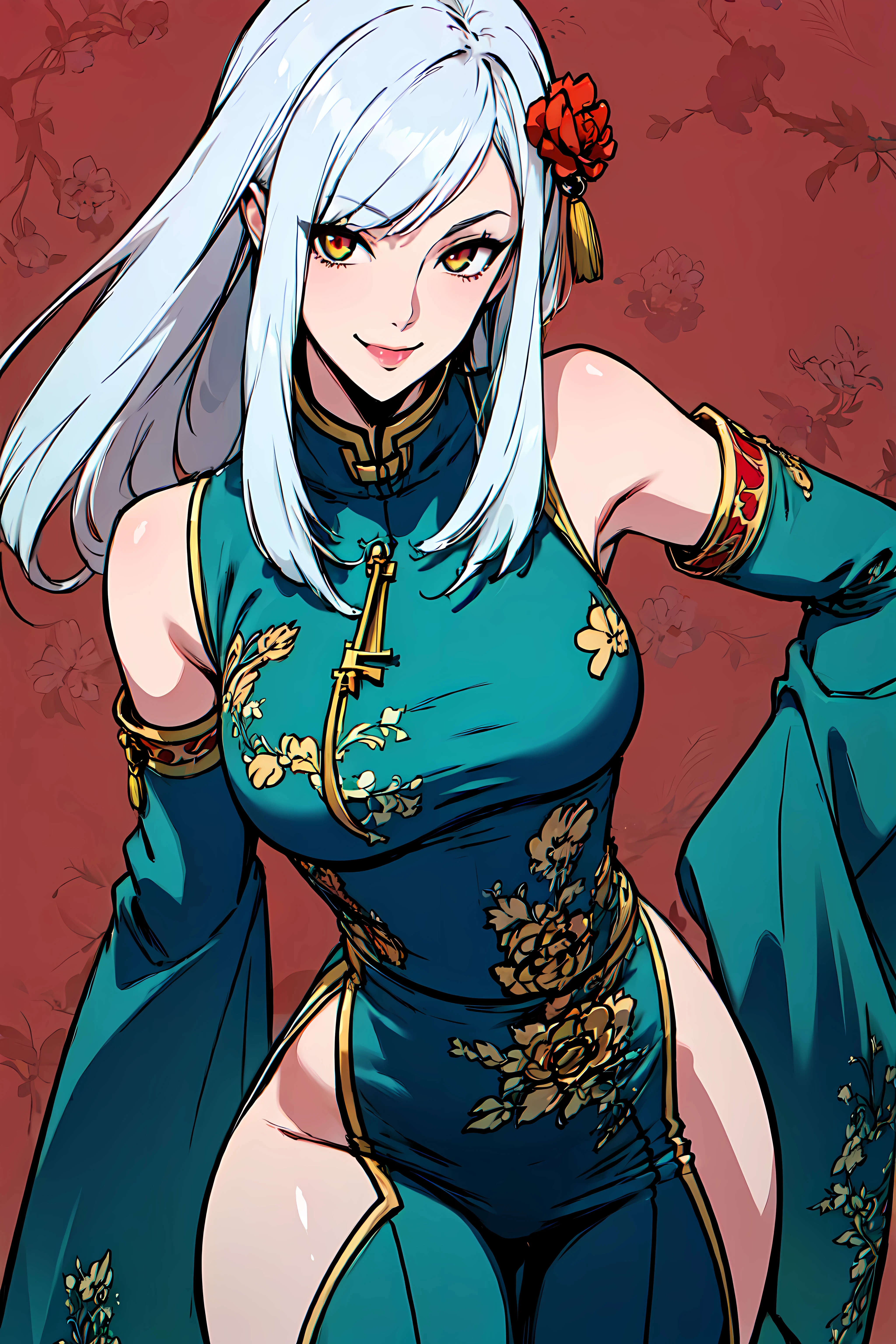 best quality, extremely detailed, anime style, key visual,
8k, high res,
<lora:hews style by goofy ai:0.4> <lora:cutesexyrobutts_v2:0.2> <lora:puuzaki-puuna-lora-v1:0.2> <lora:Maki Yoko_20230823184820:0.2>
<lora:Kenshin187:0.2>
<lora:Round_Breasts_V7:0.4>ROUND BREASTS,medium BREASTS
(simple background,:1.2)
1girl, slender, waist, (muscular:0.7)
<lora:Character_ort_xiaolong_kofmia_v0.2:1>
xiaolong_kofmia,chinese cloth
white hair, gladient colored hair, hair ornament
green dress, long pants, wide sleeves, detatched sleeves
standing, sexy pose, smile,
cinematic angle, dynamic pose,