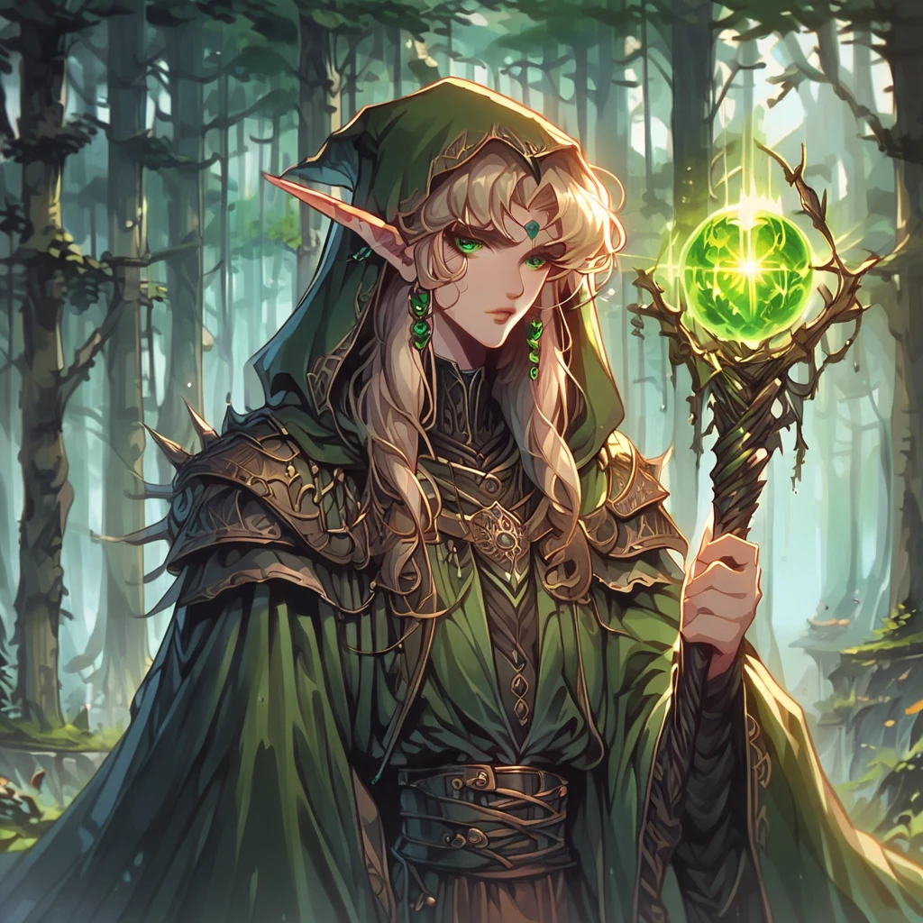 score_9, score_8_up, score_7_up, score_6_up, score_5_up, score_4_up, beautiful elf witch holding green glowing orbstaff, forest in background, 1990s \(style\), Vintage