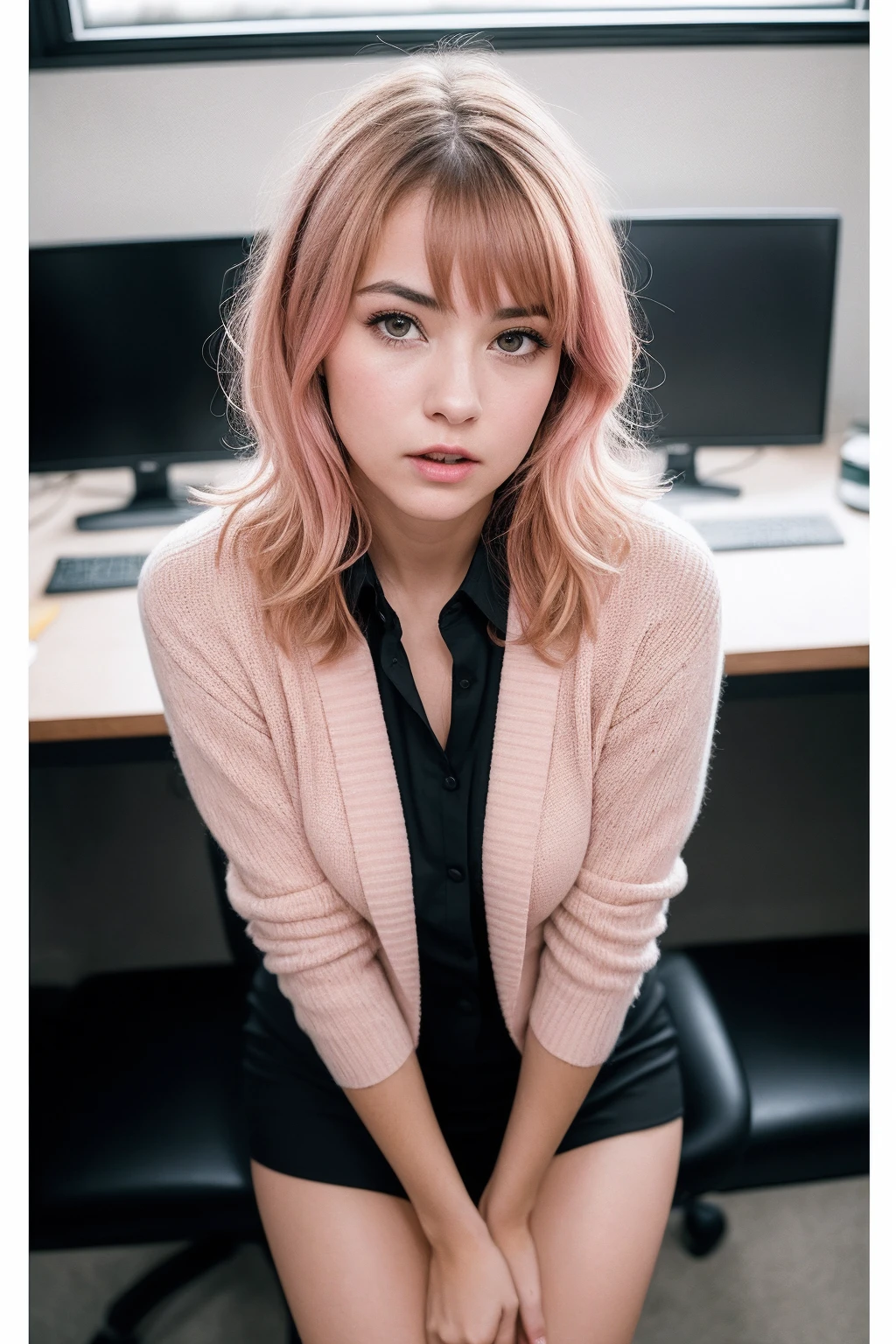 photo of a young woman, absurdres, soft light, (((medium hair:1.3), short bang, pink hair, floating hair )), beautiful detailed girl, detailed fingers, extremely detailed eyes and face, beautiful detailed nose, beautiful detailed eyes, long eyelashes, looking at viewer, (closed mouth:1.2),  mature face, (full body:1.3), ((small breasts)), beautiful detailed thigh, business suit, cross-laced clothes, collared shirt, open clothes, in office, detailed office, open cardigan, black thighs, miniskirt, black underwear, unbuttoned shirt, finely detailed skin, rim lighting, hard lighting, (minimalist), ((hasselblad photography)) (8K, 16k, uhd, dslr), (RAW photo:1.2), (best quality:1.4), (high quality:1.4), (masterpiece:1.2), (realistic:1.3), (photo-realistic:1.4), (ultra-detailed:1.2), (grainy:0.4)