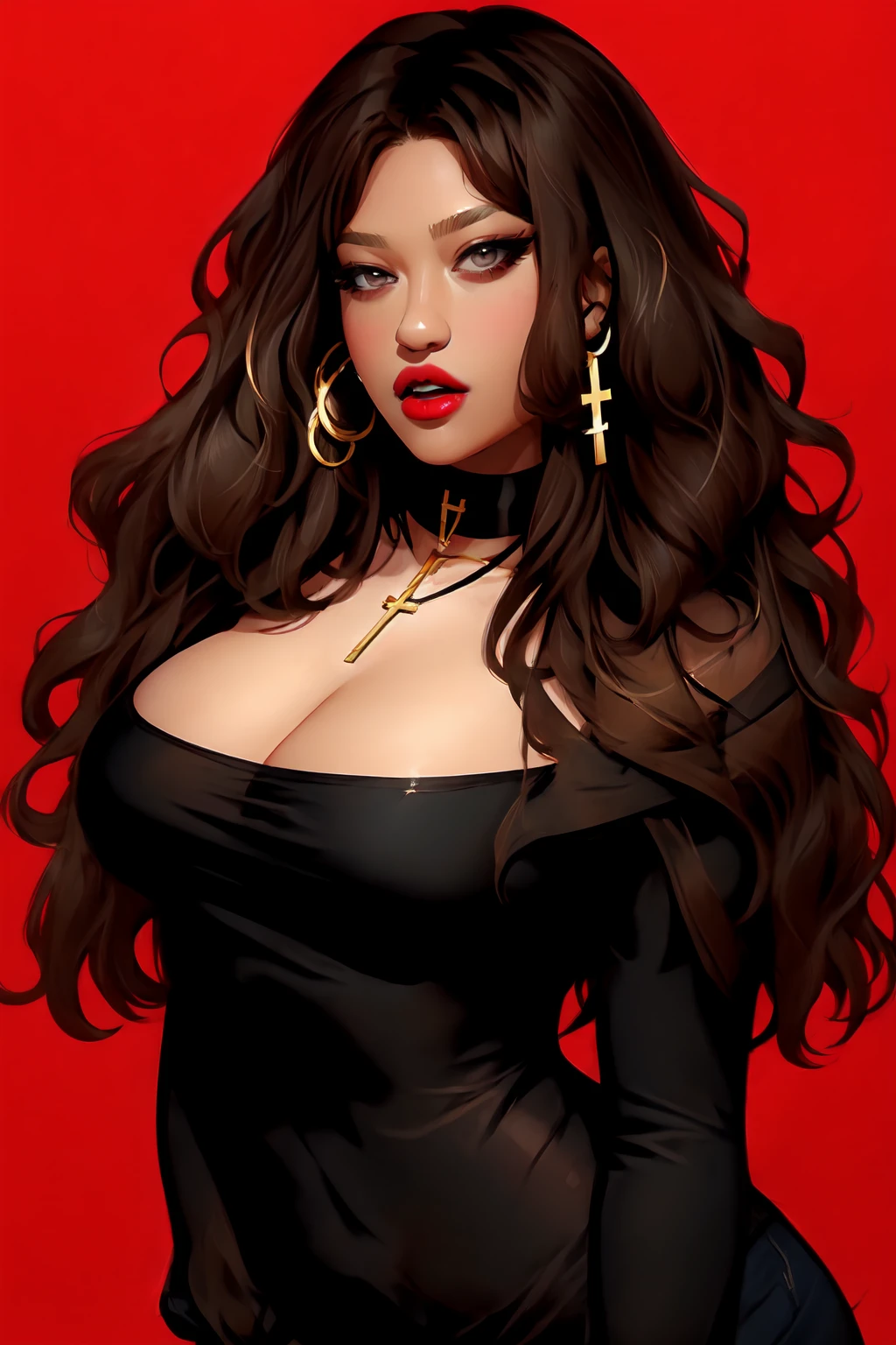 (masterpiece), full body:1.5, athletic body, abs:1.5, muscled, thicc, best quality, expressive eyes, perfect face, a woman with a cross on her neck, 1girl, solo, black hair, curly hair, looking at viewer, choker, red lips, upper body, bangs, cross, bare shoulders shirt, cleavage